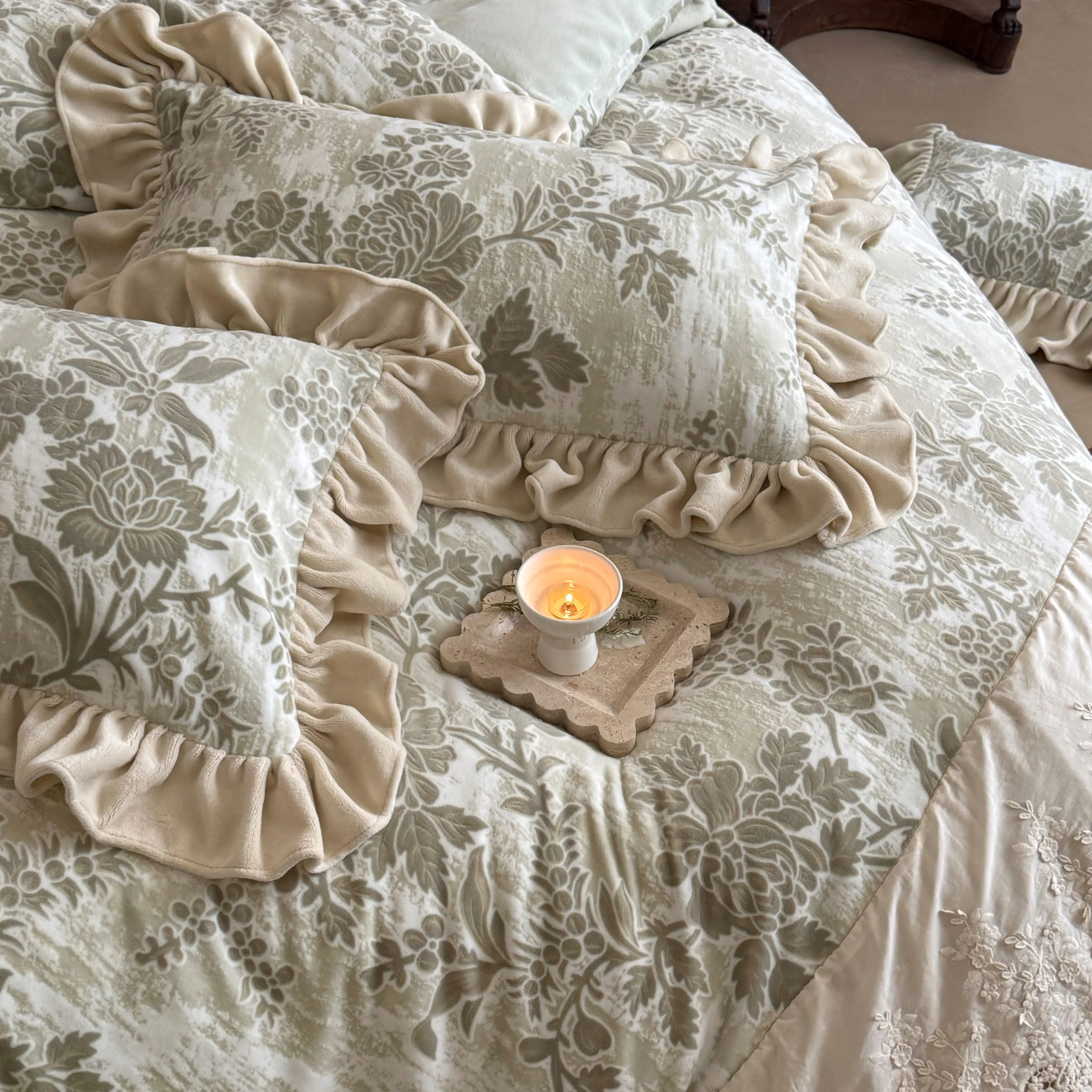 French Country Botanical Floral Carved Velvet Lace Trim Ruffle Bedding Set11 French Country Botanical Floral Carved Velvet Lace Trim Ruffle Bedding Set11