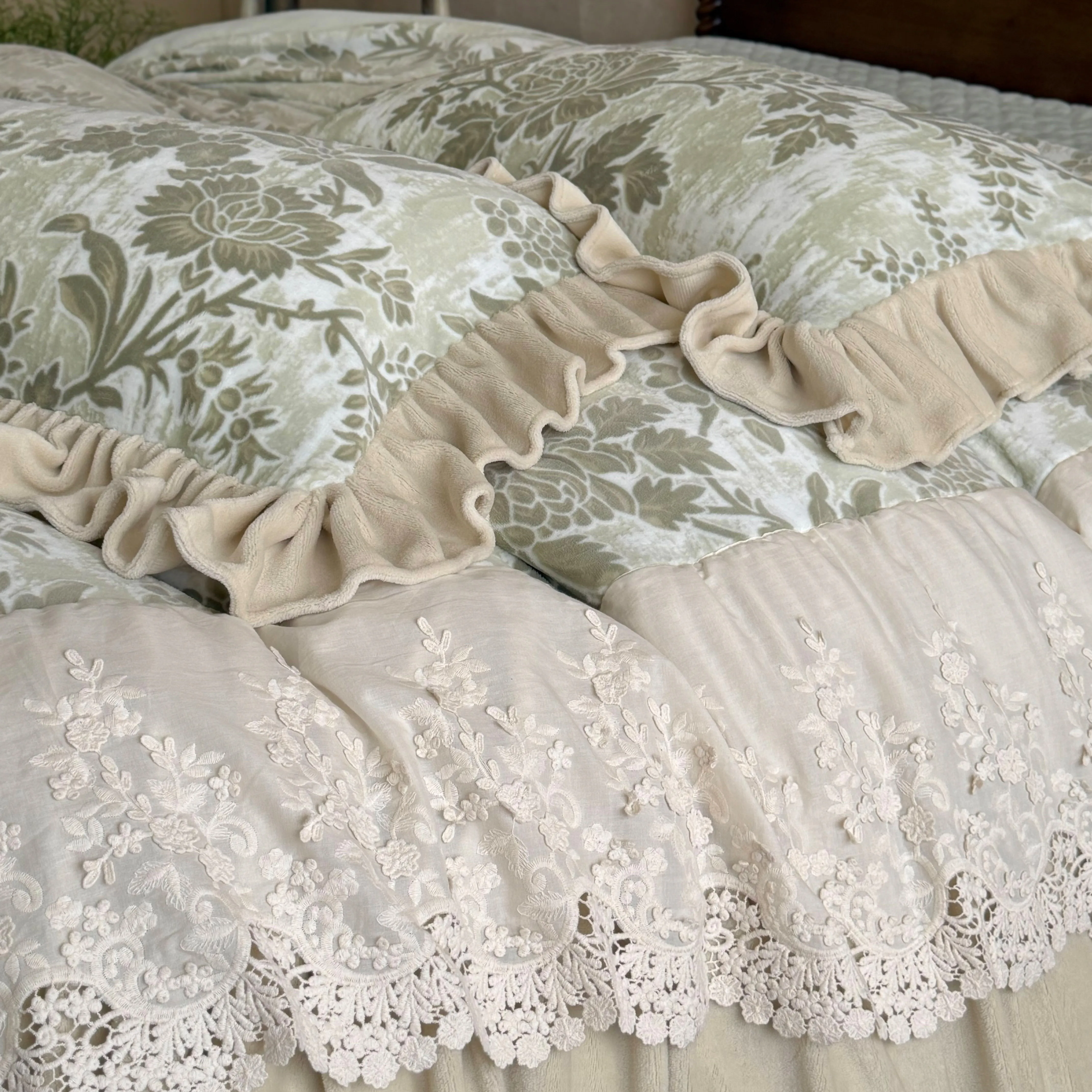 French Country Botanical Floral Carved Velvet Lace Trim Ruffle Bedding Set12 French Country Botanical Floral Carved Velvet Lace Trim Ruffle Bedding Set12