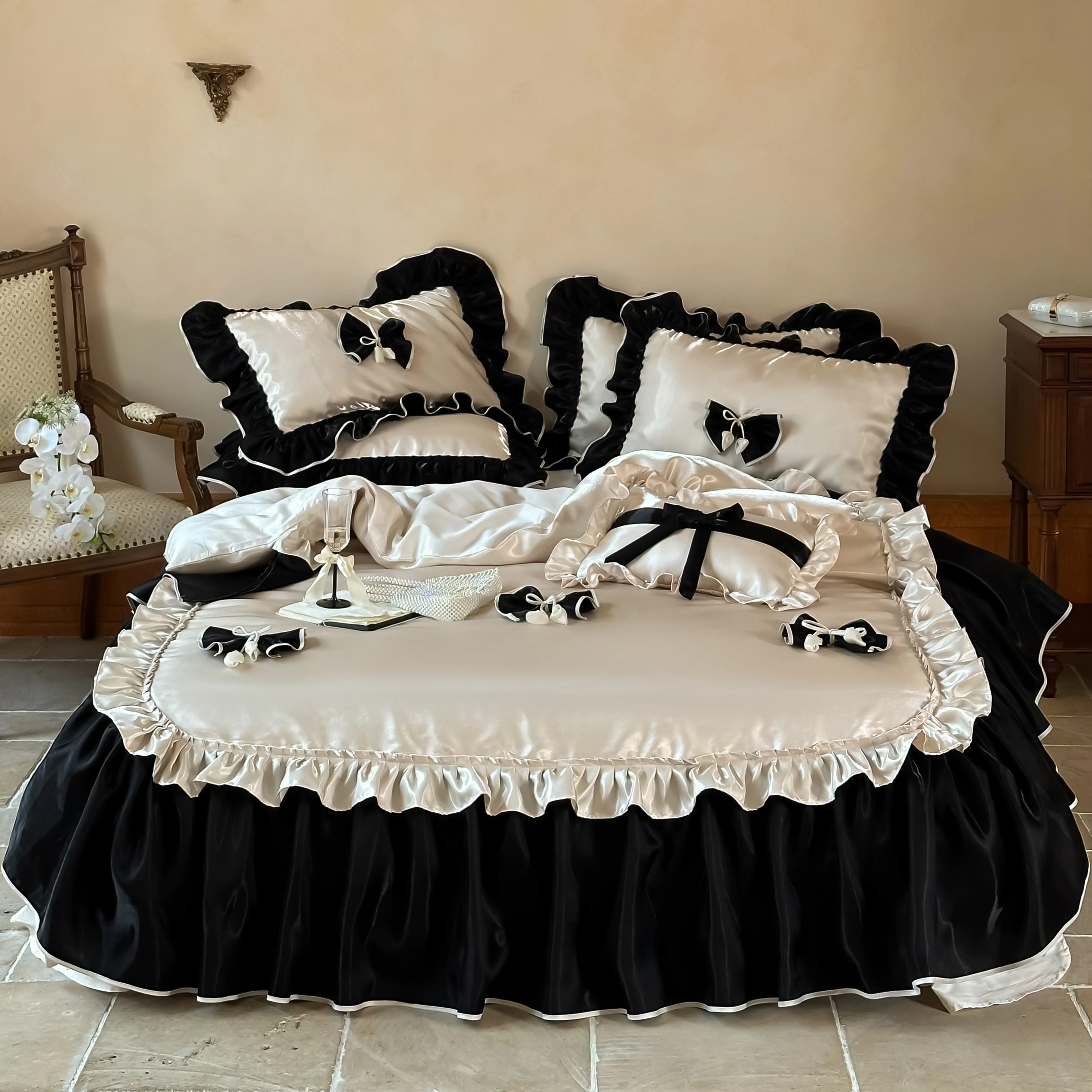 French Style Glossy 100s Long Staple Cotton Ruffle Bow Duvet Cover Set01