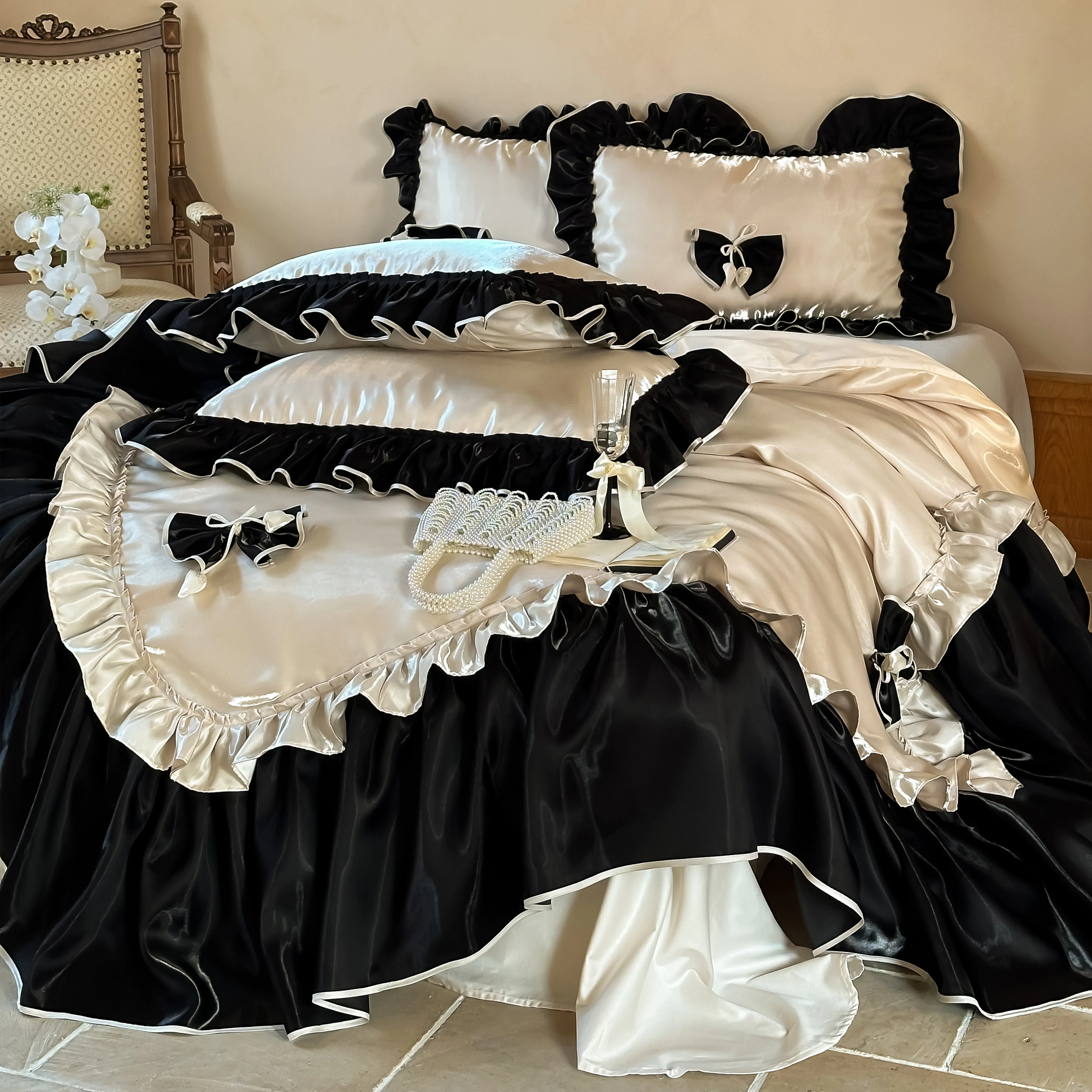 French Style Glossy 100s Long Staple Cotton Ruffle Bow Duvet Cover Set02