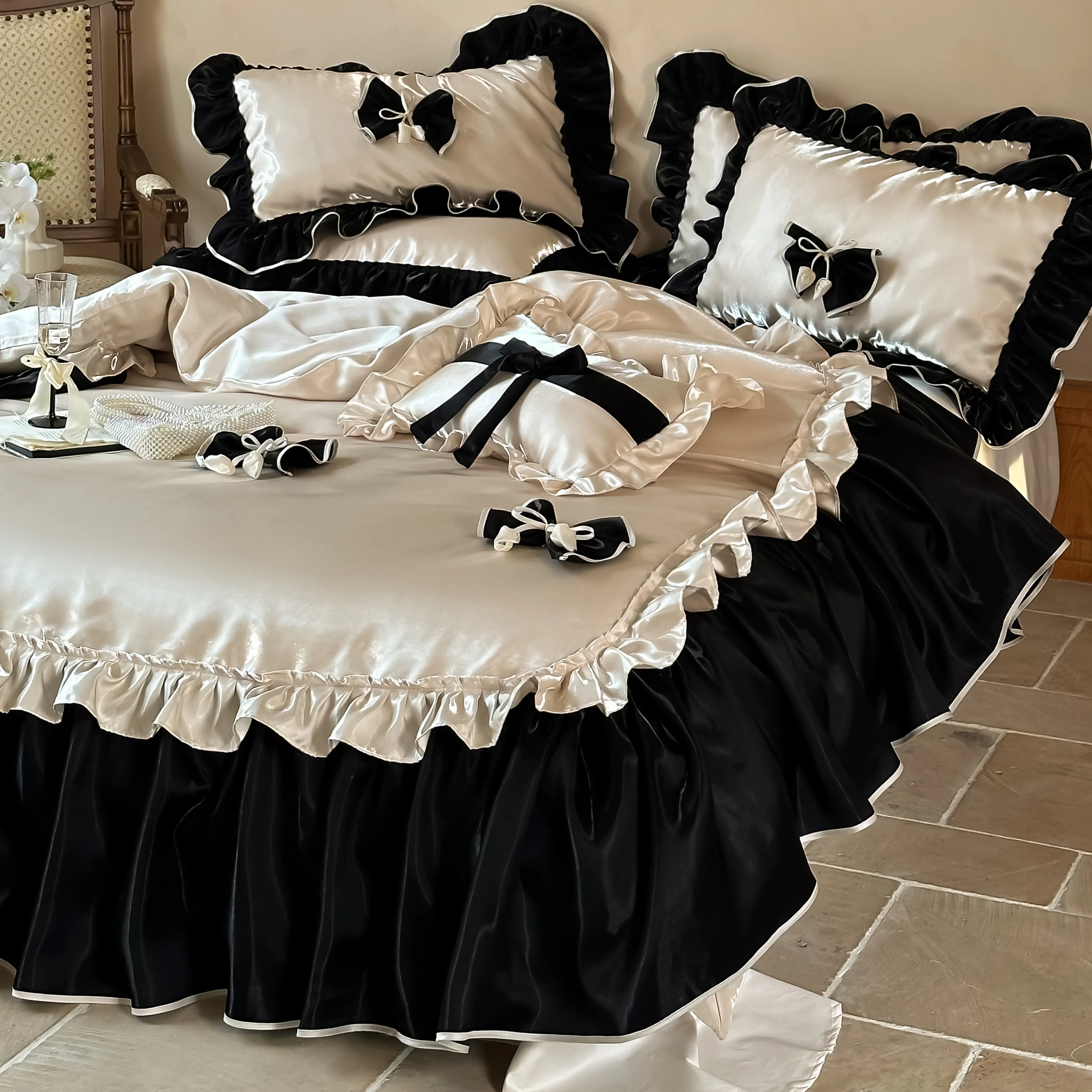 French Style Glossy 100s Long-Staple Cotton Ruffle Bow Duvet Cover Set03 French Style Glossy 100s Long Staple Cotton Ruffle Bow Duvet Cover Set03