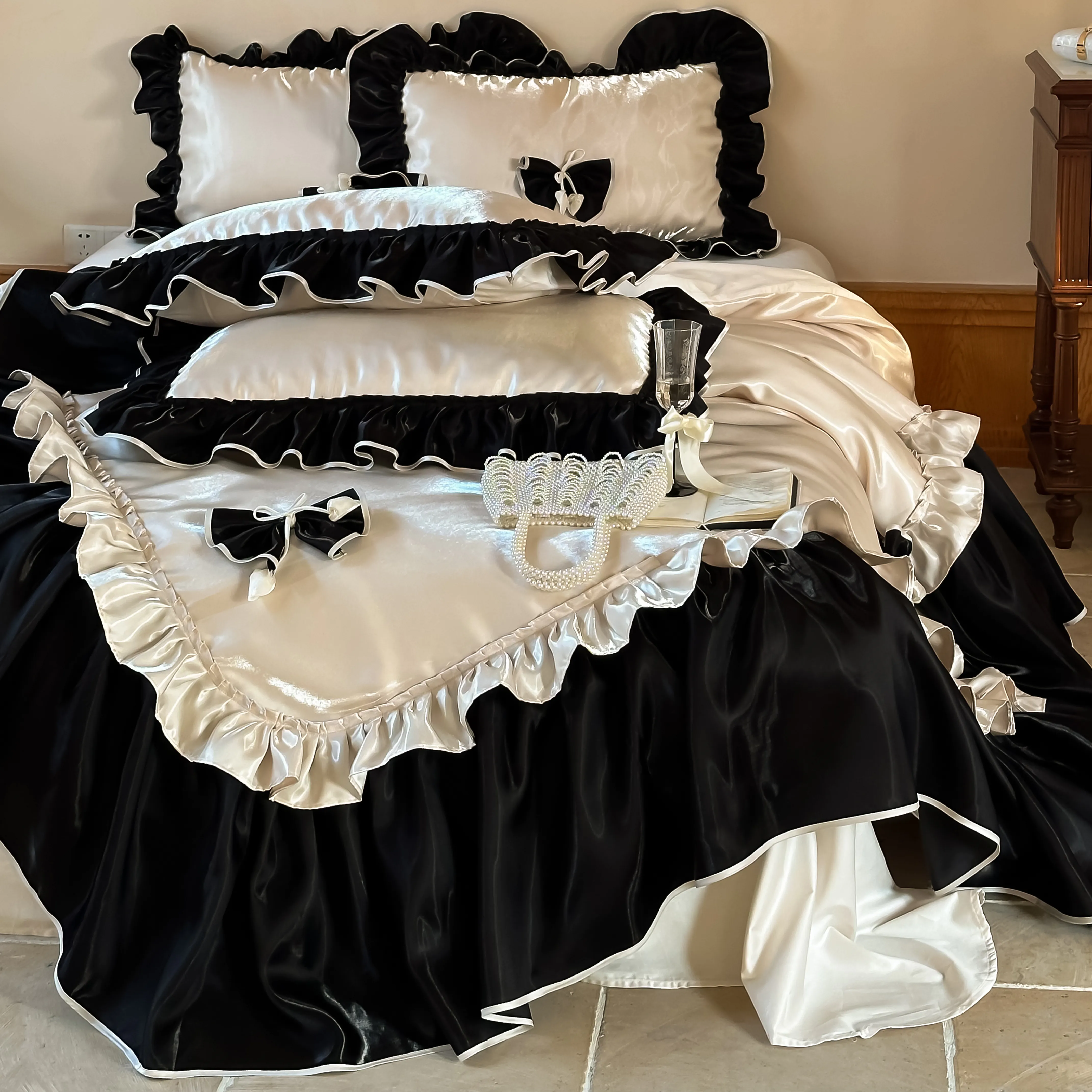 French Style Glossy 100s Long-Staple Cotton Ruffle Bow Duvet Cover Set04 French Style Glossy 100s Long Staple Cotton Ruffle Bow Duvet Cover Set04
