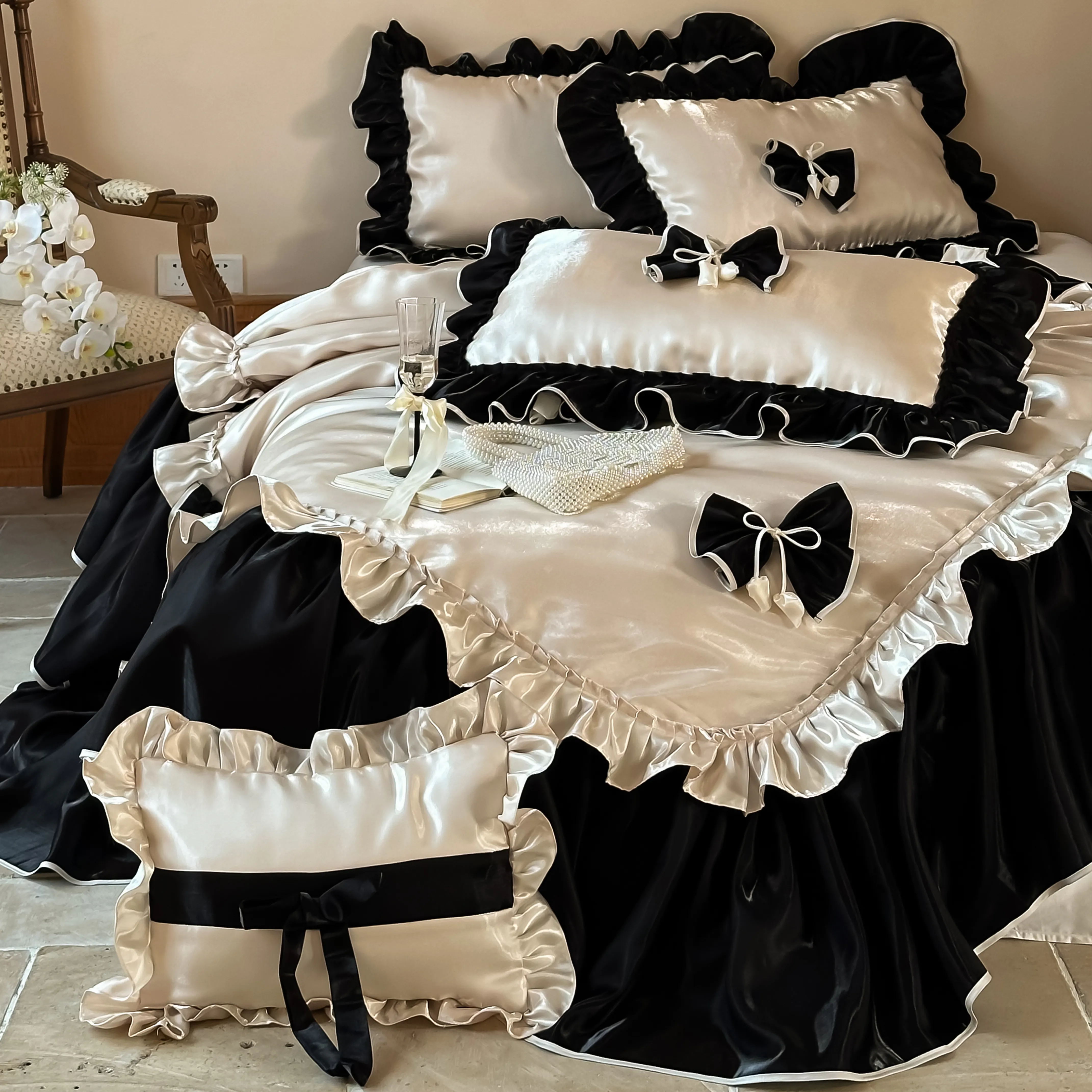French Style Glossy 100s Long-Staple Cotton Ruffle Bow Duvet Cover Set05 French Style Glossy 100s Long Staple Cotton Ruffle Bow Duvet Cover Set05