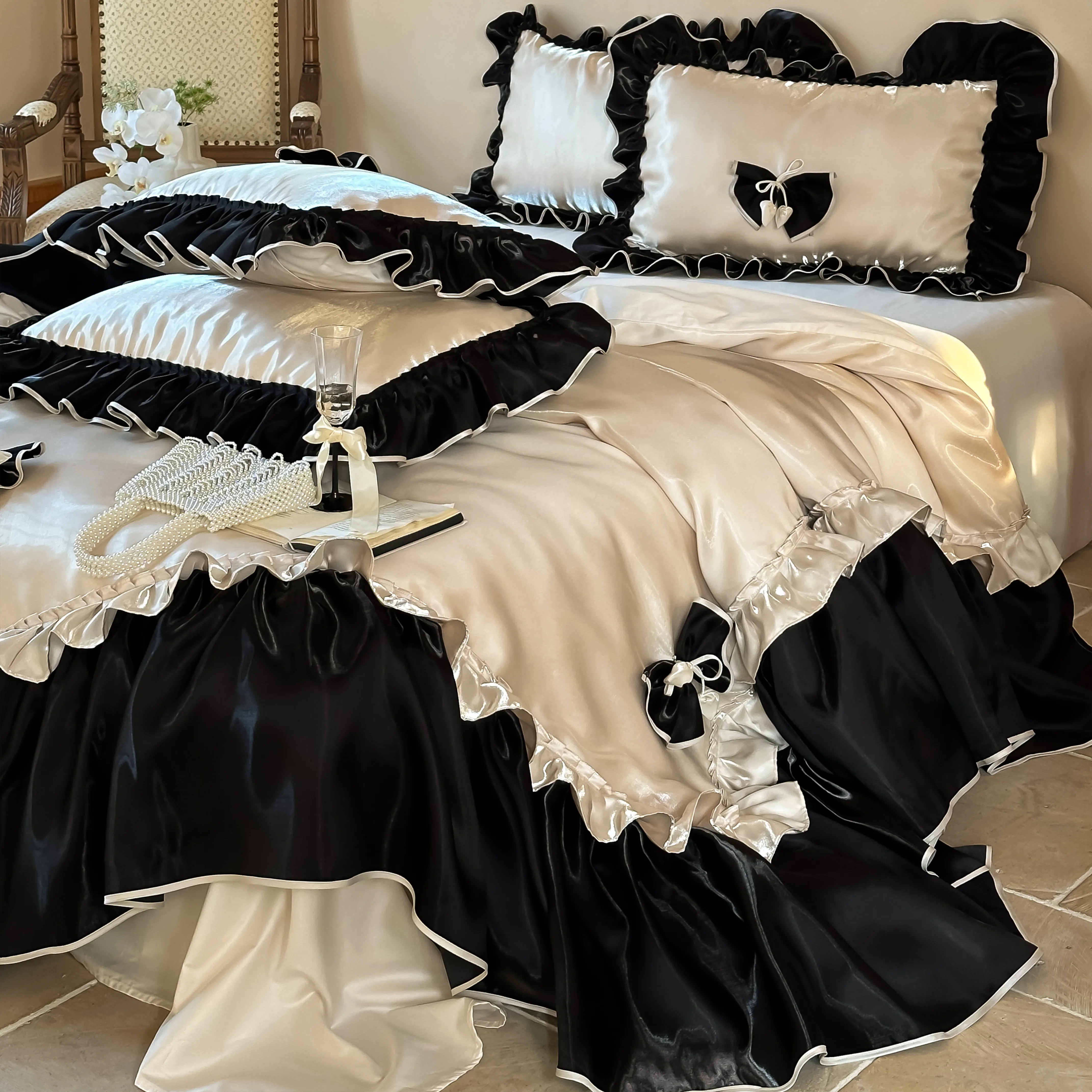 French Style Glossy 100s Long-Staple Cotton Ruffle Bow Duvet Cover Set07 French Style Glossy 100s Long Staple Cotton Ruffle Bow Duvet Cover Set07