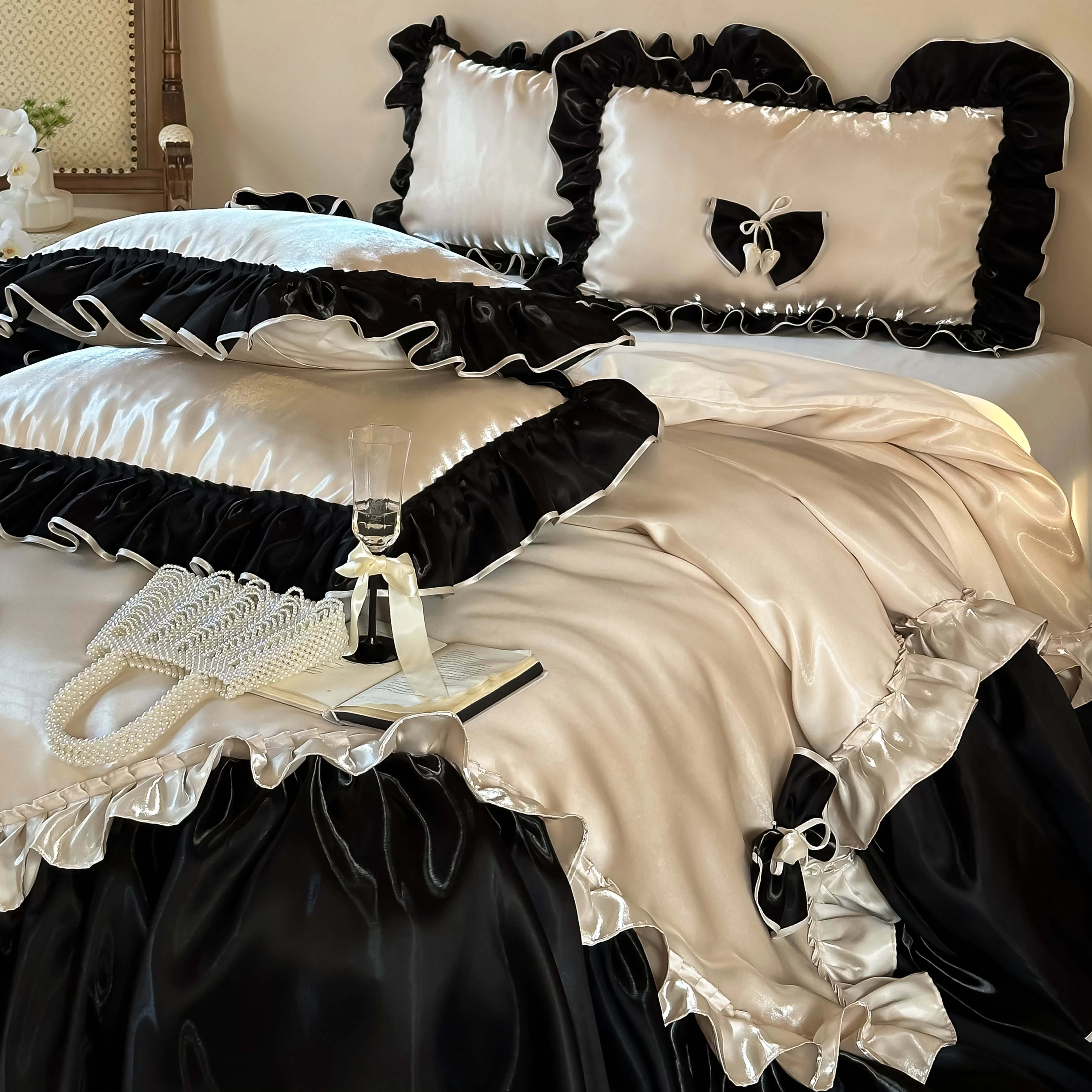 French Style Glossy 100s Long-Staple Cotton Ruffle Bow Duvet Cover Set09 French Style Glossy 100s Long Staple Cotton Ruffle Bow Duvet Cover Set09