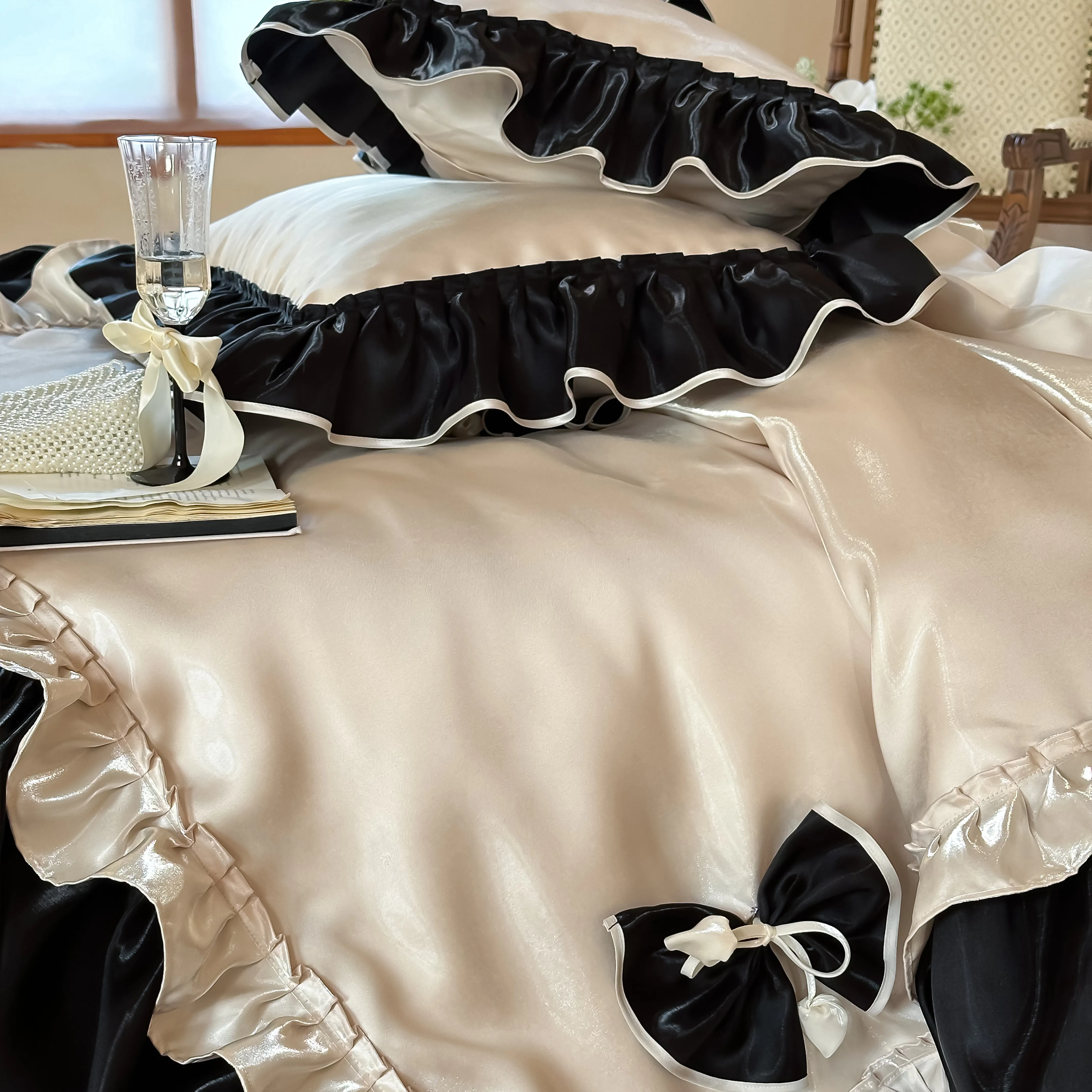 French Style Glossy 100s Long-Staple Cotton Ruffle Bow Duvet Cover Set13 French Style Glossy 100s Long Staple Cotton Ruffle Bow Duvet Cover Set13