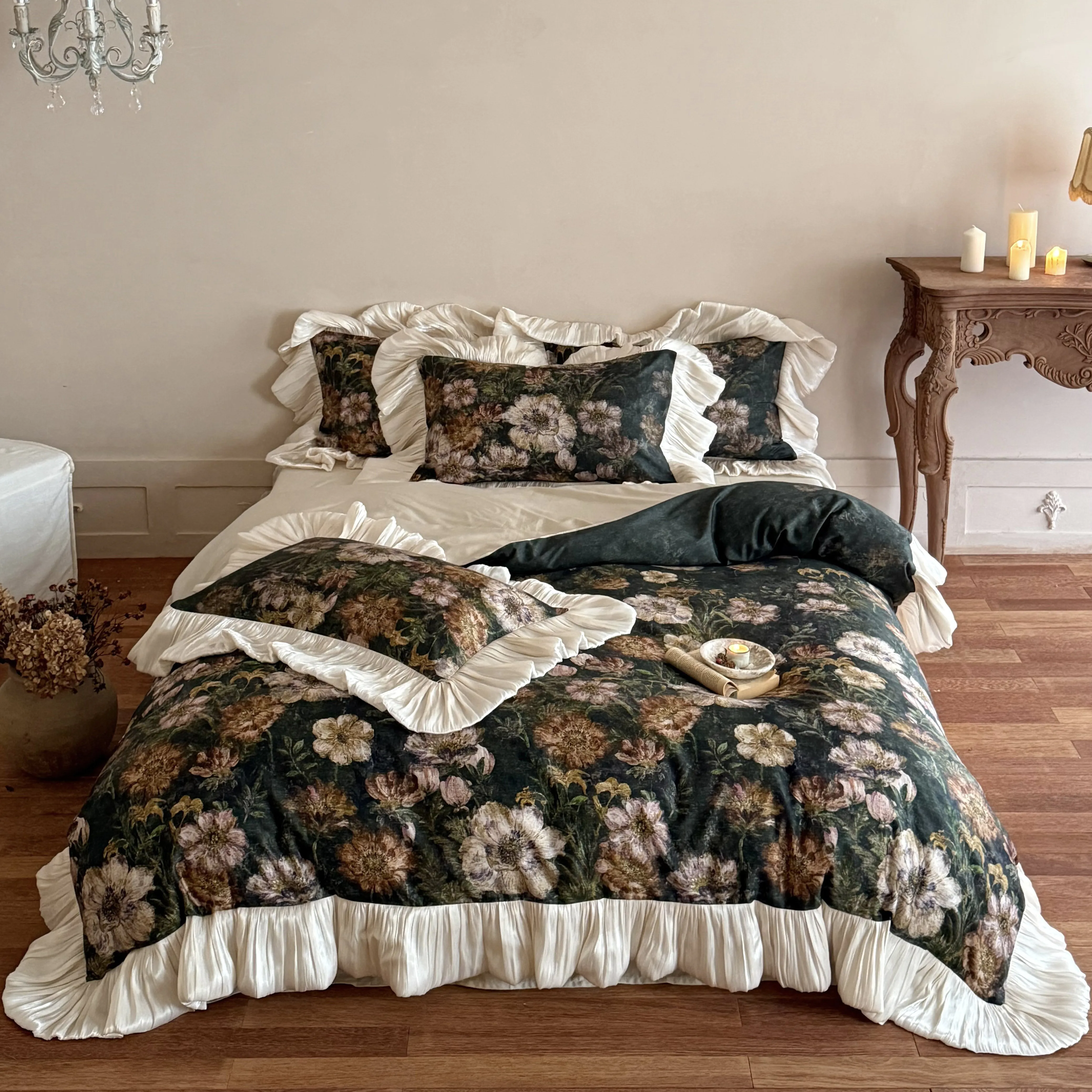 French Vintage Oil Painting Botanical Print 50S Cotton Comforter Cover Set01