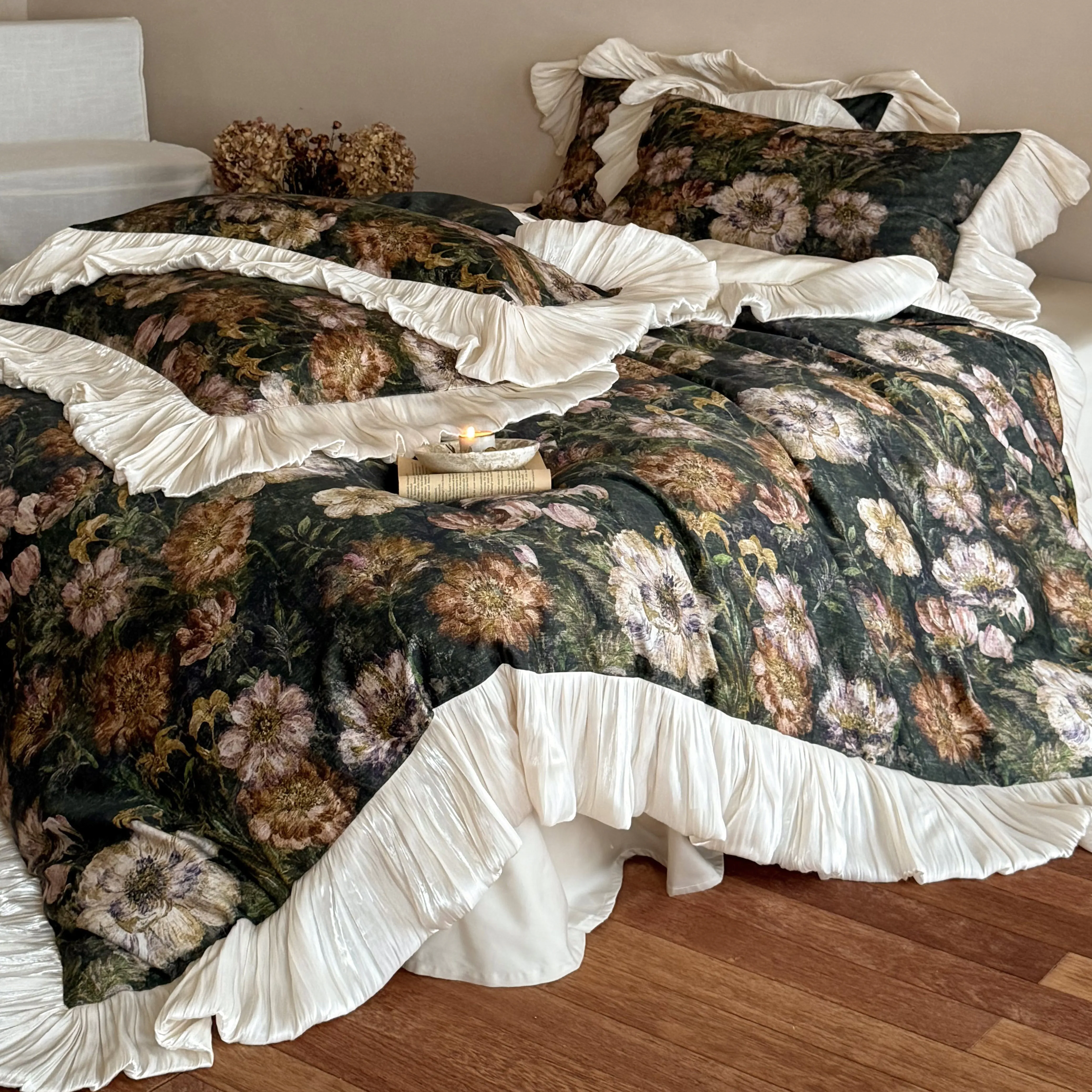 French Vintage Oil-Painting Botanical Print 50S Cotton Comforter Cover Set03 French Vintage Oil Painting Botanical Print 50S Cotton Comforter Cover Set03
