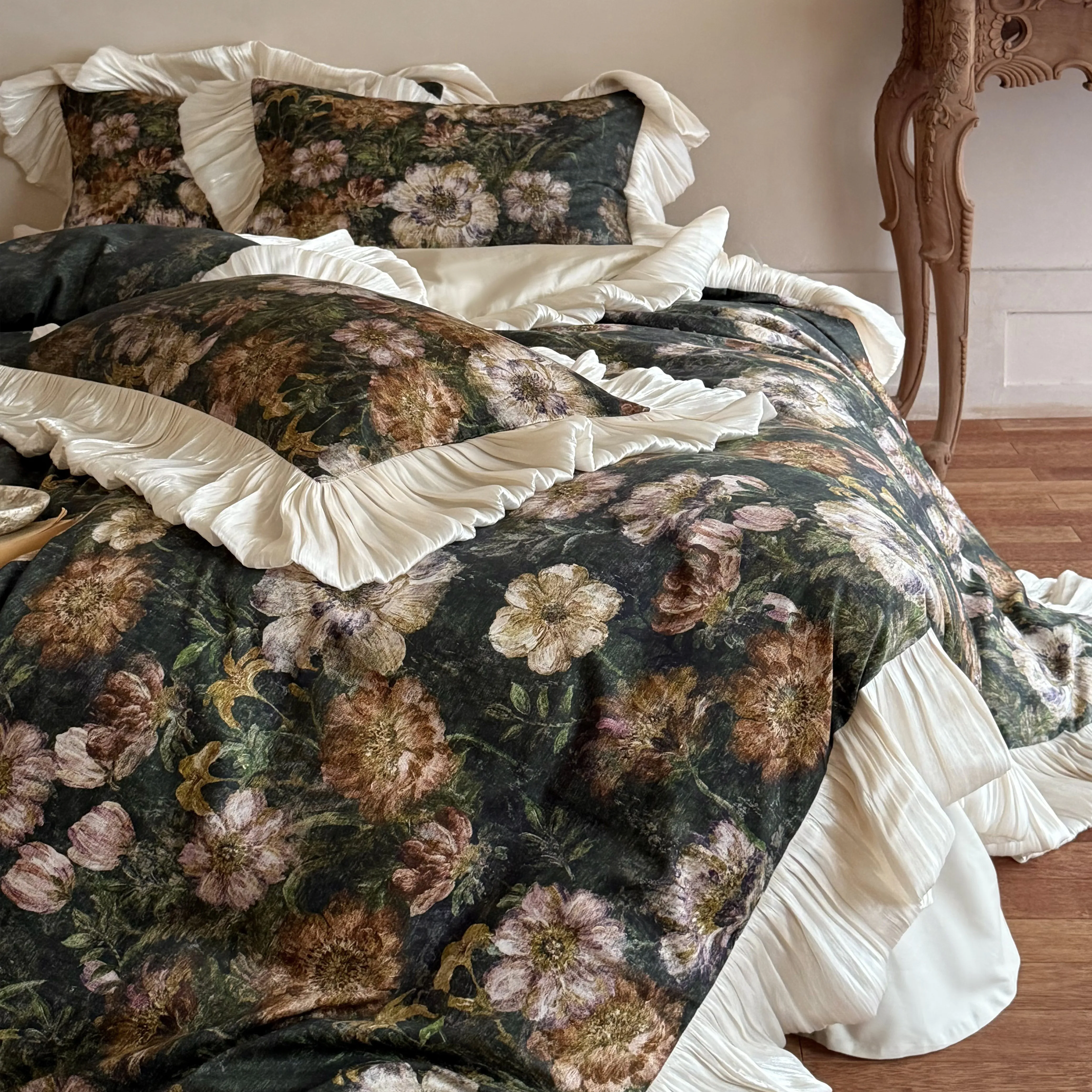 French Vintage Oil-Painting Botanical Print 50S Cotton Comforter Cover Set04 French Vintage Oil Painting Botanical Print 50S Cotton Comforter Cover Set04