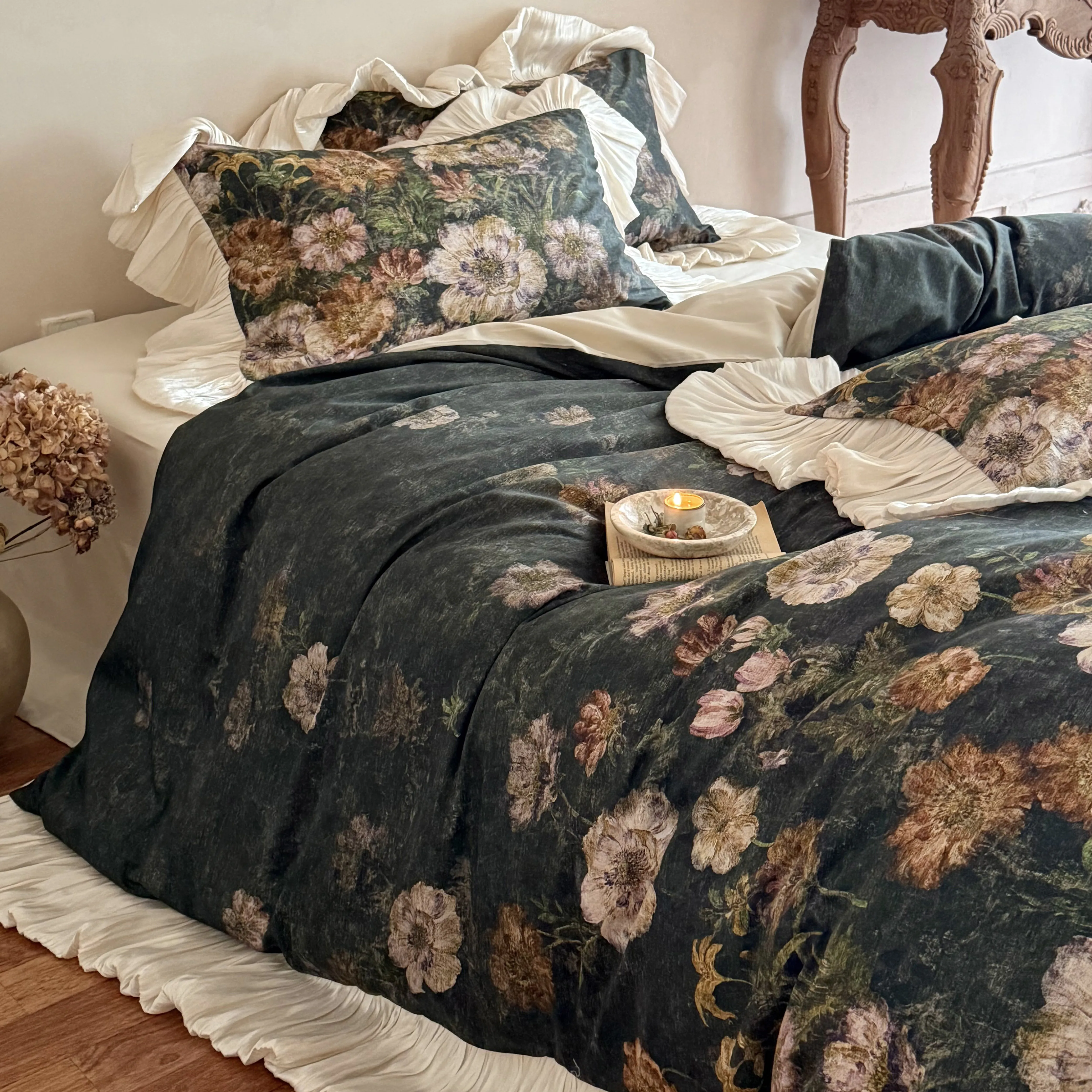 French Vintage Oil-Painting Botanical Print 50S Cotton Comforter Cover Set05 French Vintage Oil Painting Botanical Print 50S Cotton Comforter Cover Set05