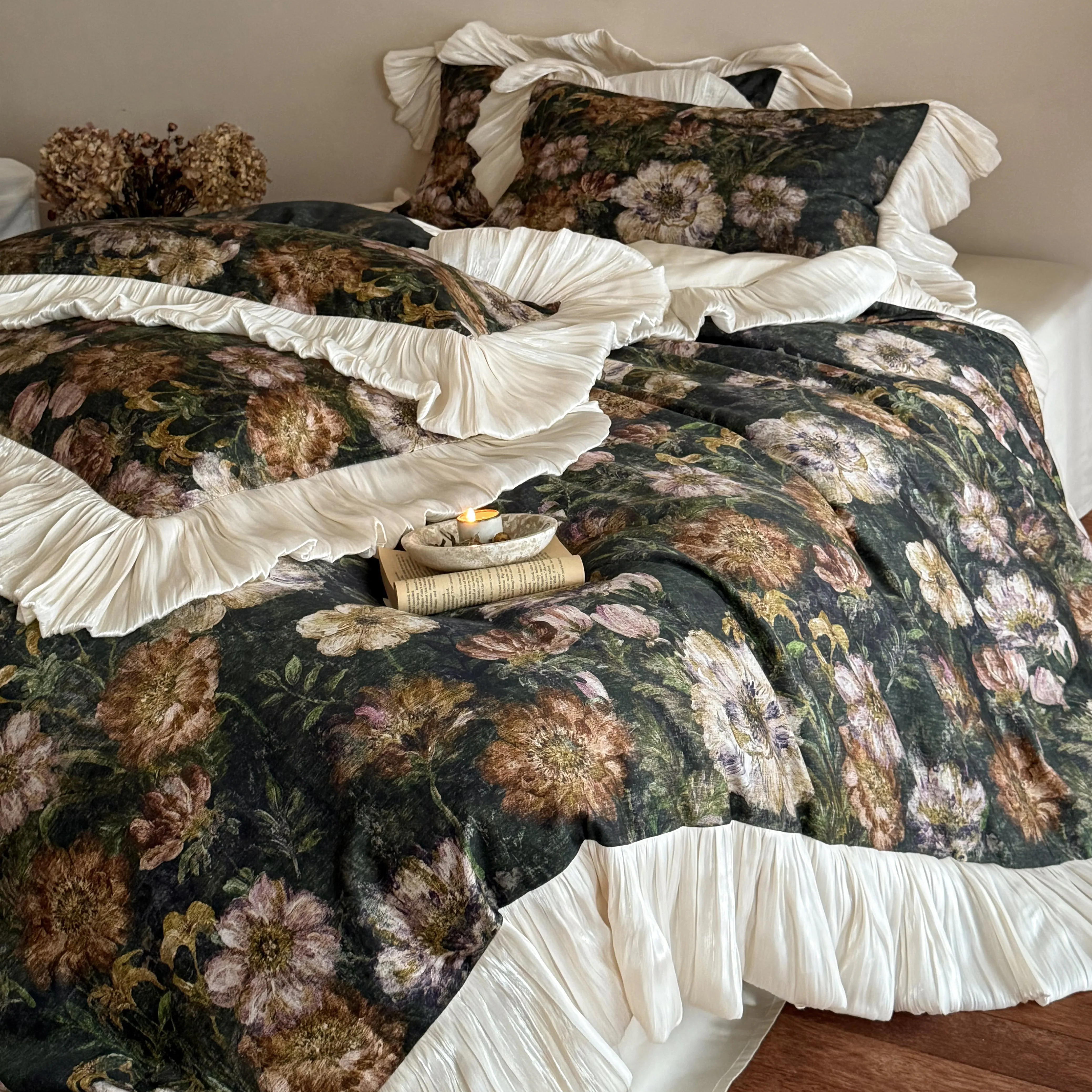 French Vintage Oil-Painting Botanical Print 50S Cotton Comforter Cover Set06 French Vintage Oil Painting Botanical Print 50S Cotton Comforter Cover Set06