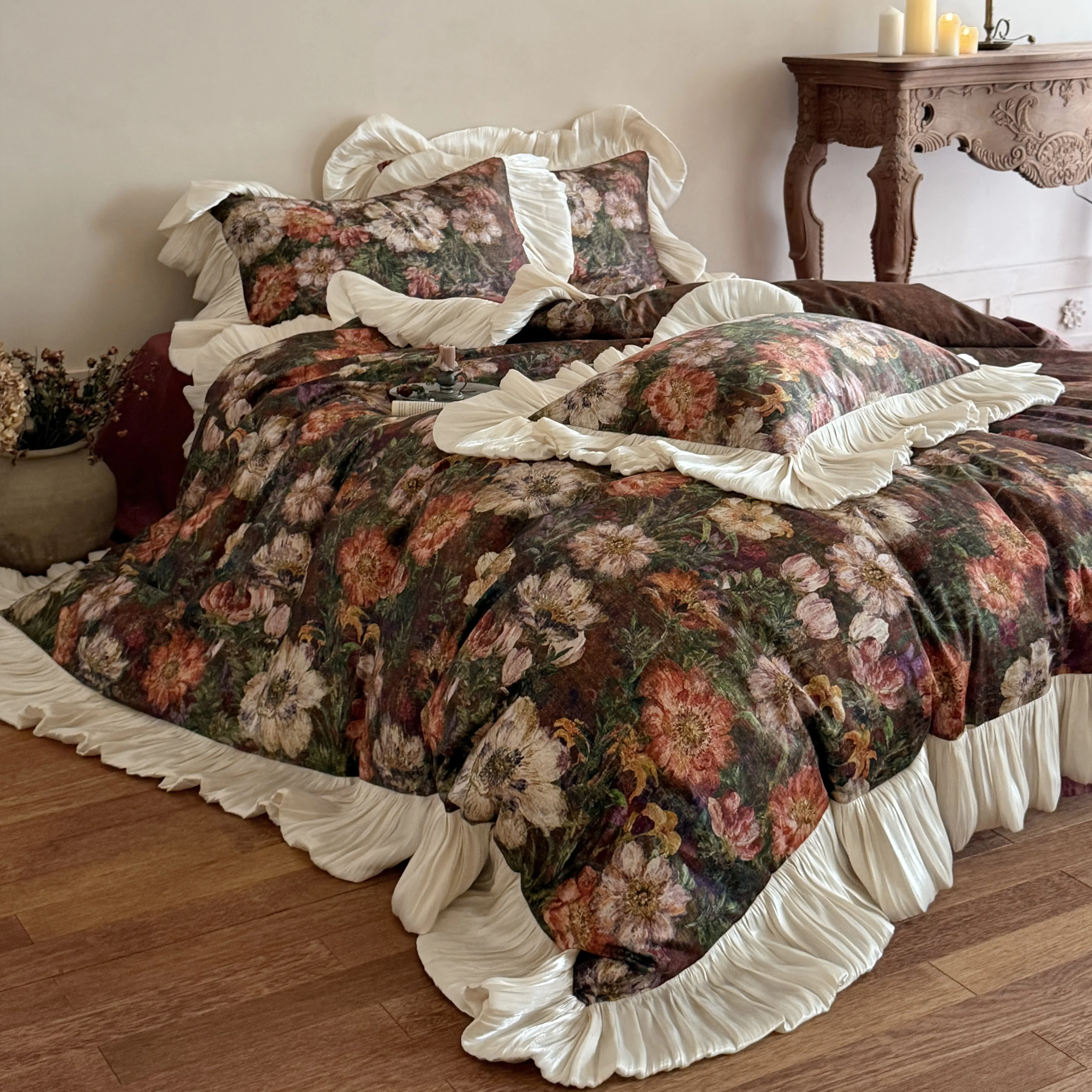 French Vintage Oil-Painting Botanical Print 50S Cotton Comforter Cover Set10 French Vintage Oil Painting Botanical Print 50S Cotton Comforter Cover Set10
