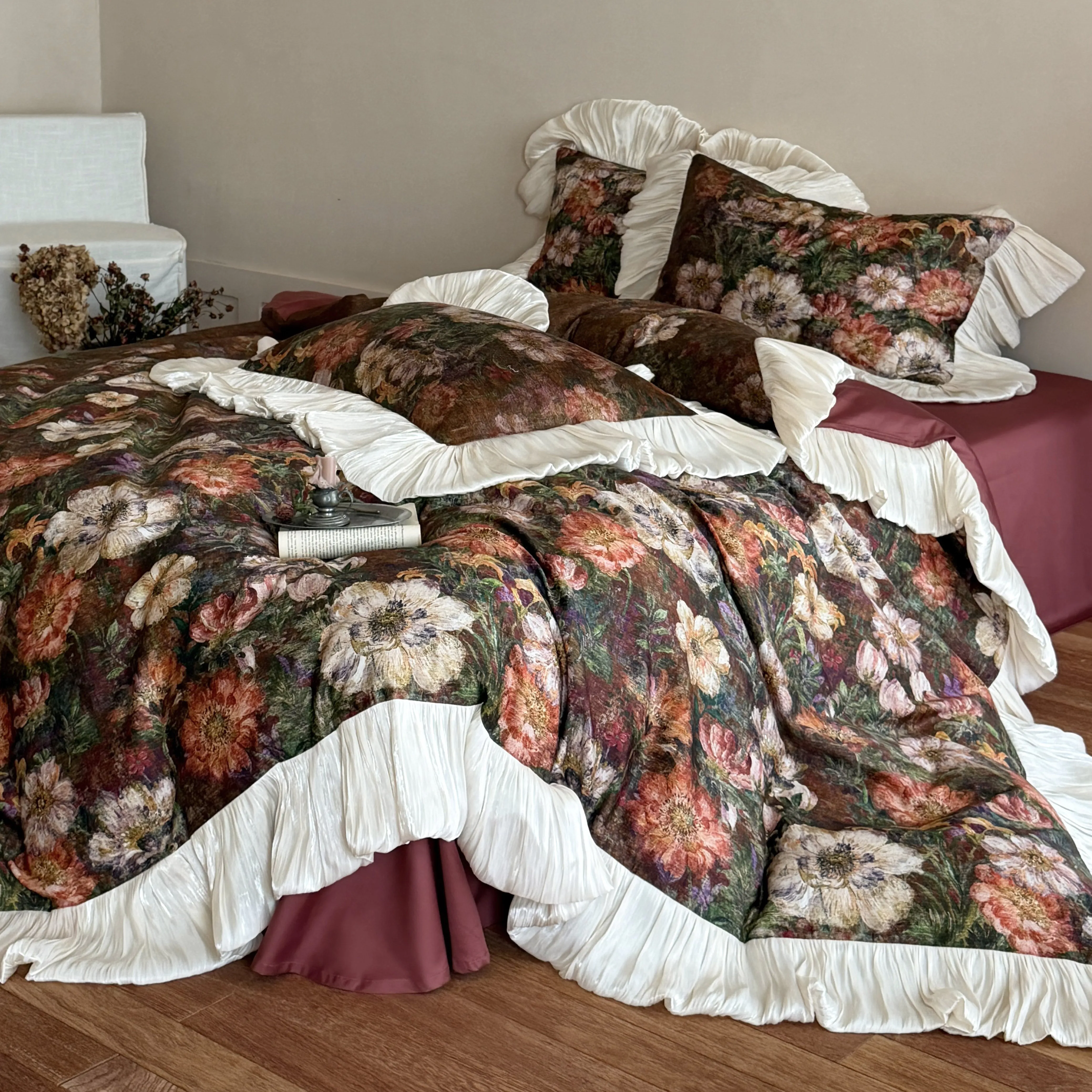 French Vintage Oil-Painting Botanical Print 50S Cotton Comforter Cover Set11 French Vintage Oil Painting Botanical Print 50S Cotton Comforter Cover Set11