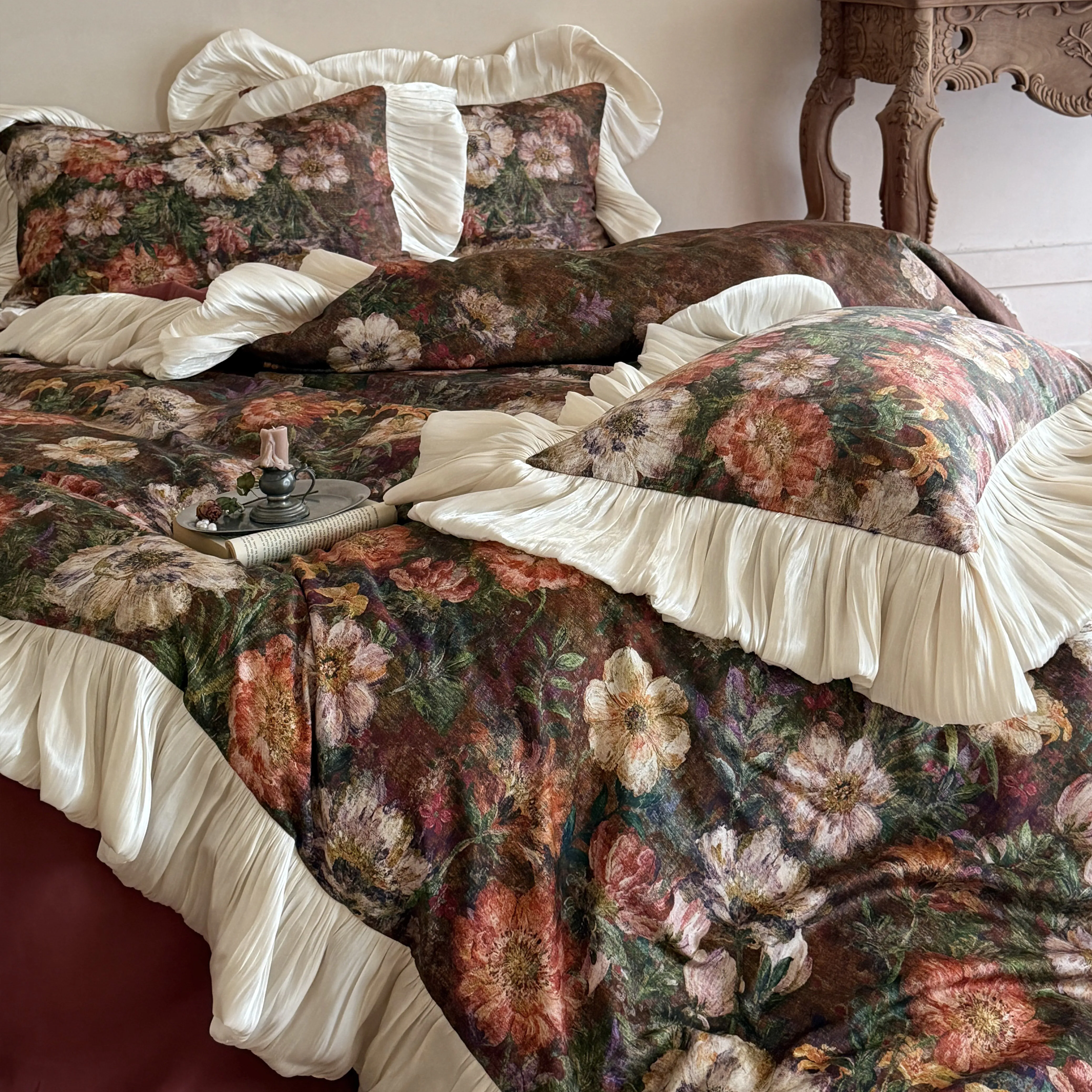 French Vintage Oil-Painting Botanical Print 50S Cotton Comforter Cover Set13 French Vintage Oil Painting Botanical Print 50S Cotton Comforter Cover Set13