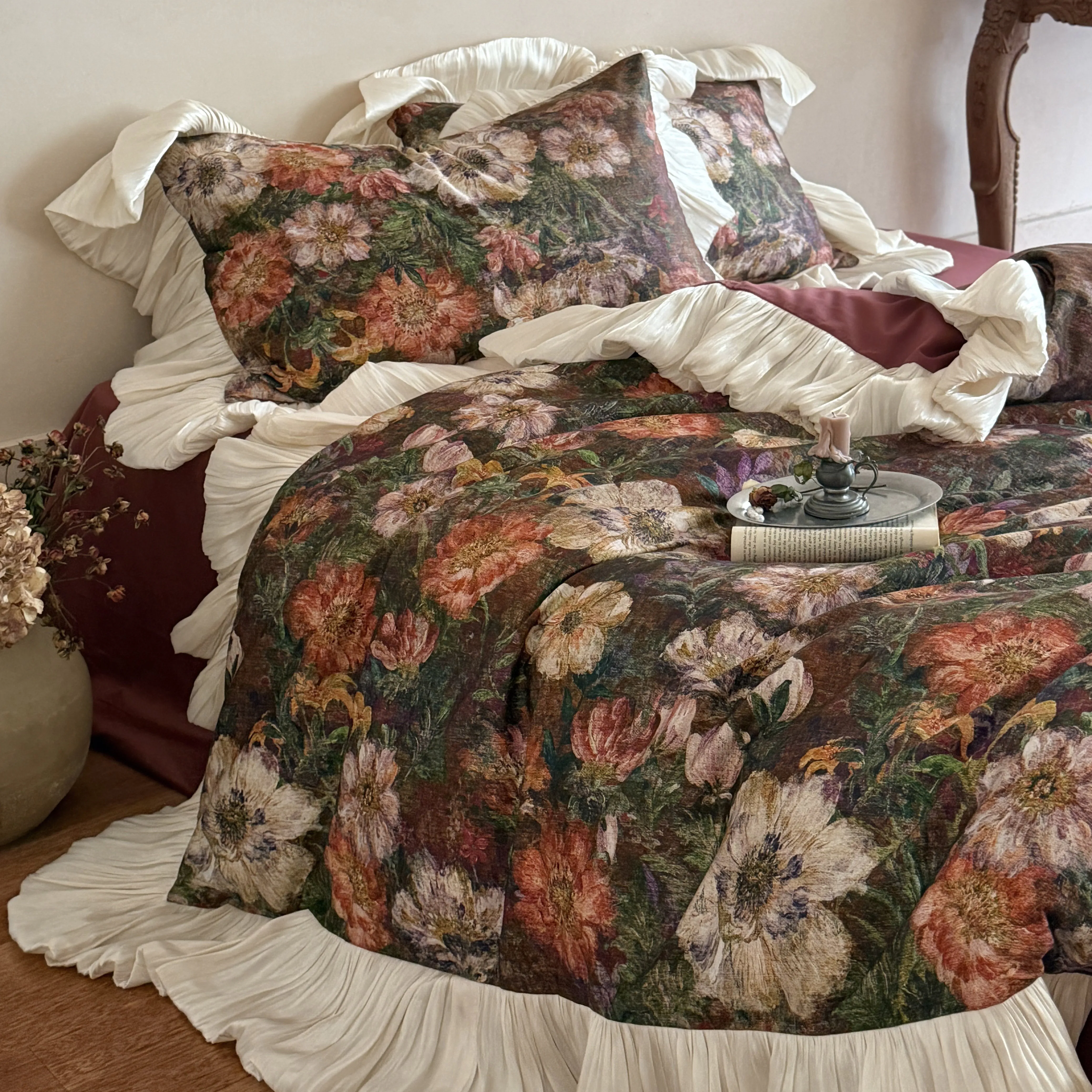 French Vintage Oil-Painting Botanical Print 50S Cotton Comforter Cover Set14 French Vintage Oil Painting Botanical Print 50S Cotton Comforter Cover Set14