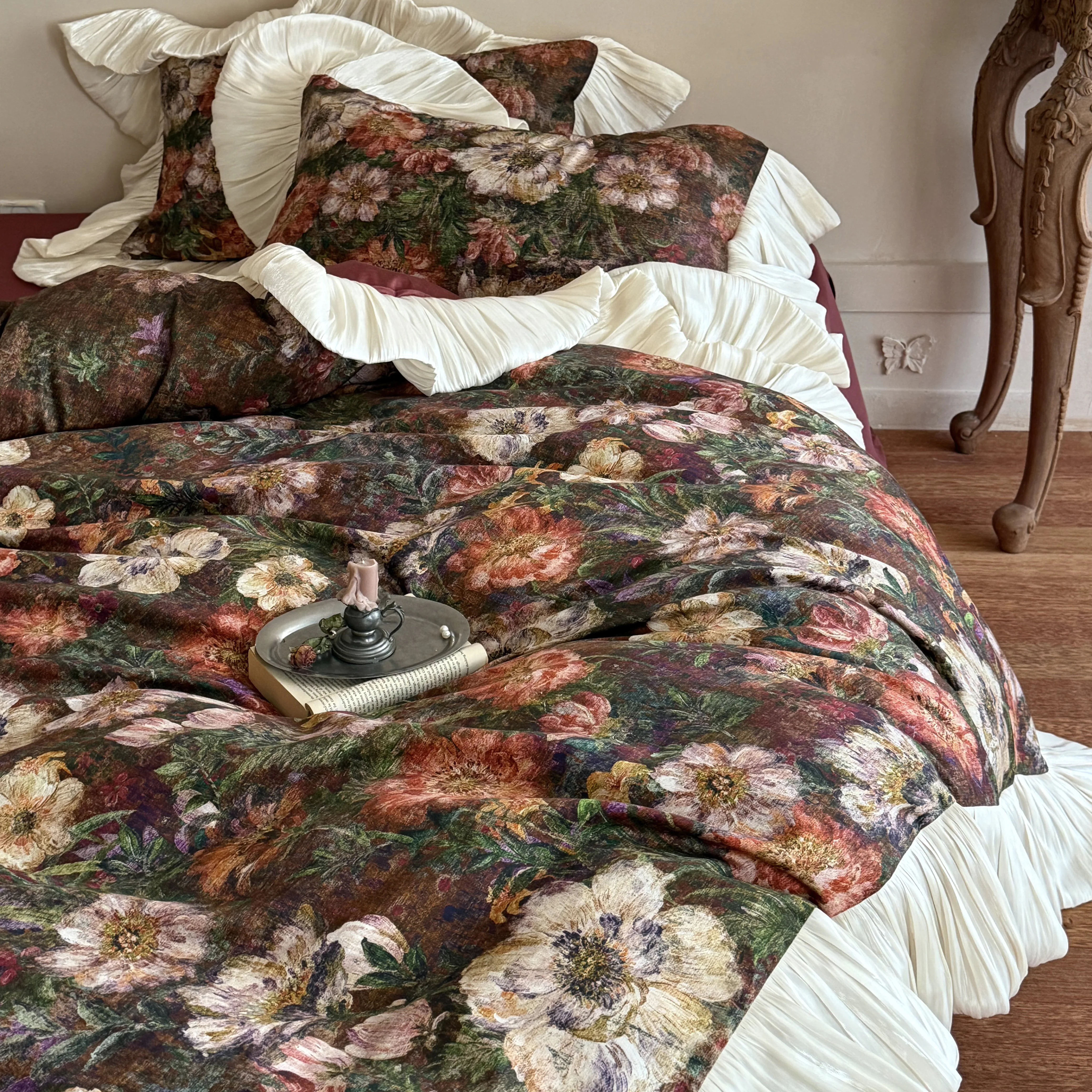 French Vintage Oil-Painting Botanical Print 50S Cotton Comforter Cover Set16 French Vintage Oil Painting Botanical Print 50S Cotton Comforter Cover Set16