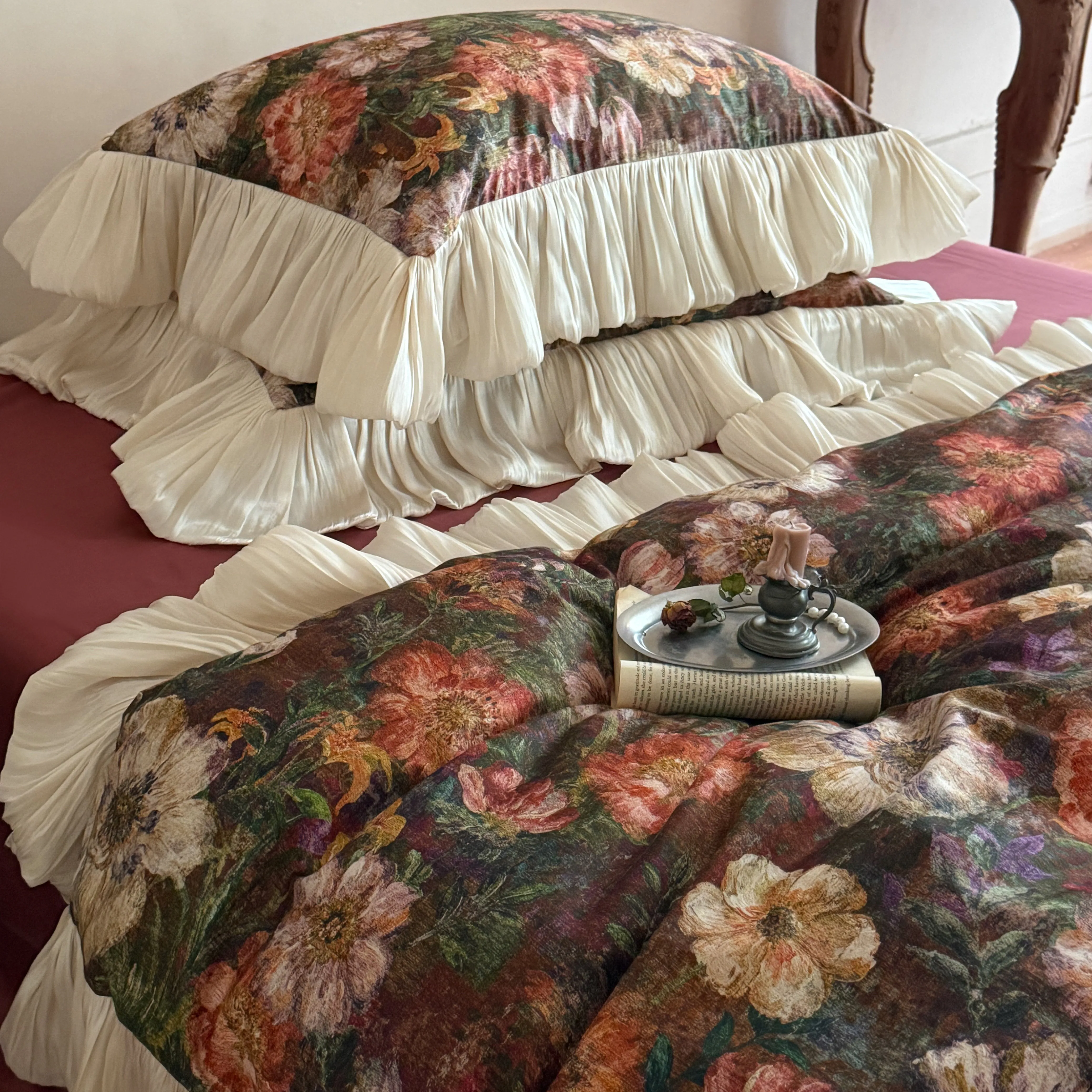 French Vintage Oil-Painting Botanical Print 50S Cotton Comforter Cover Set17 French Vintage Oil Painting Botanical Print 50S Cotton Comforter Cover Set17