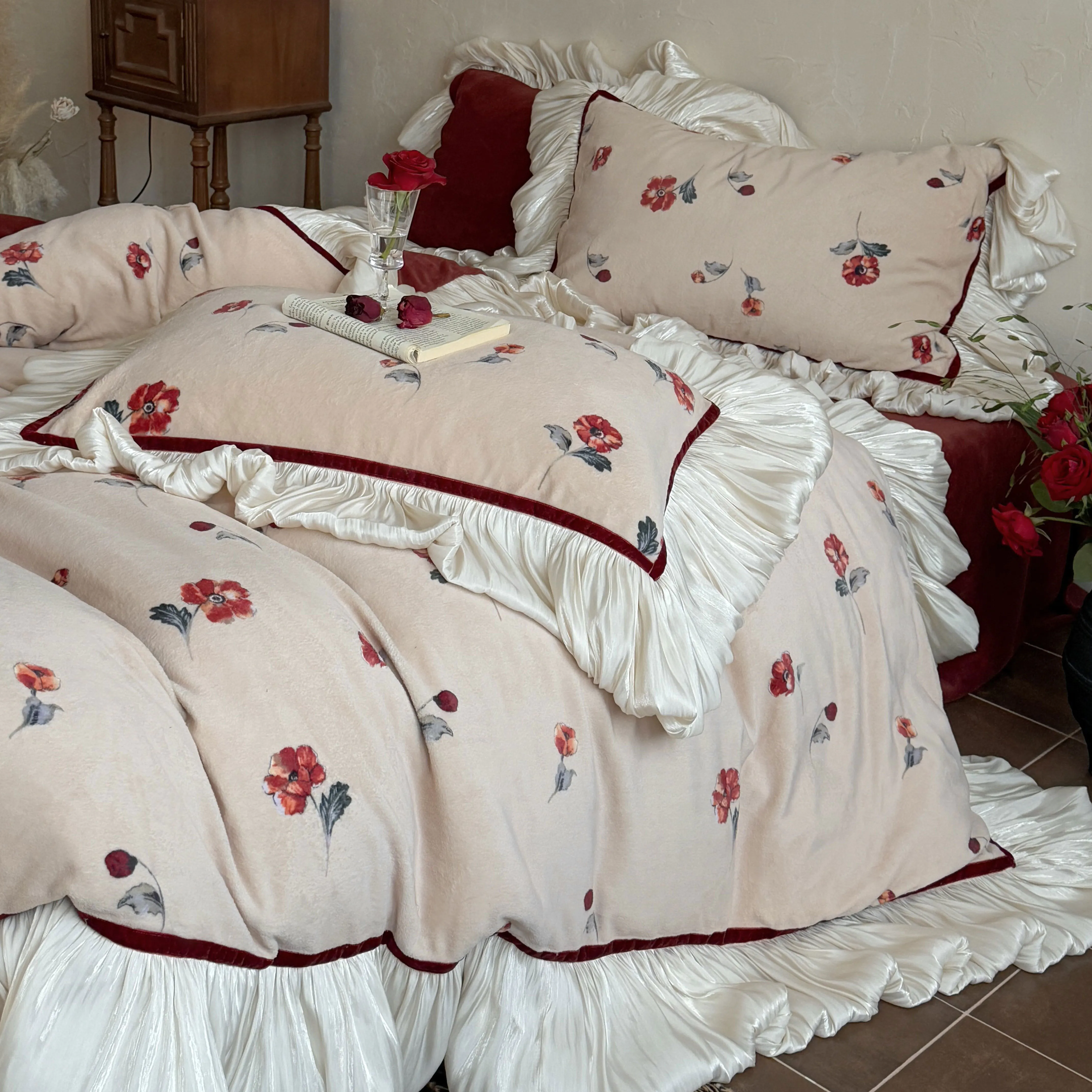French Vintage Wine Red Small Floral Print Milk Velvet Fleece Bedding Set09 French Vintage Wine Red Small Floral Print Milk Velvet Fleece Bedding Set09