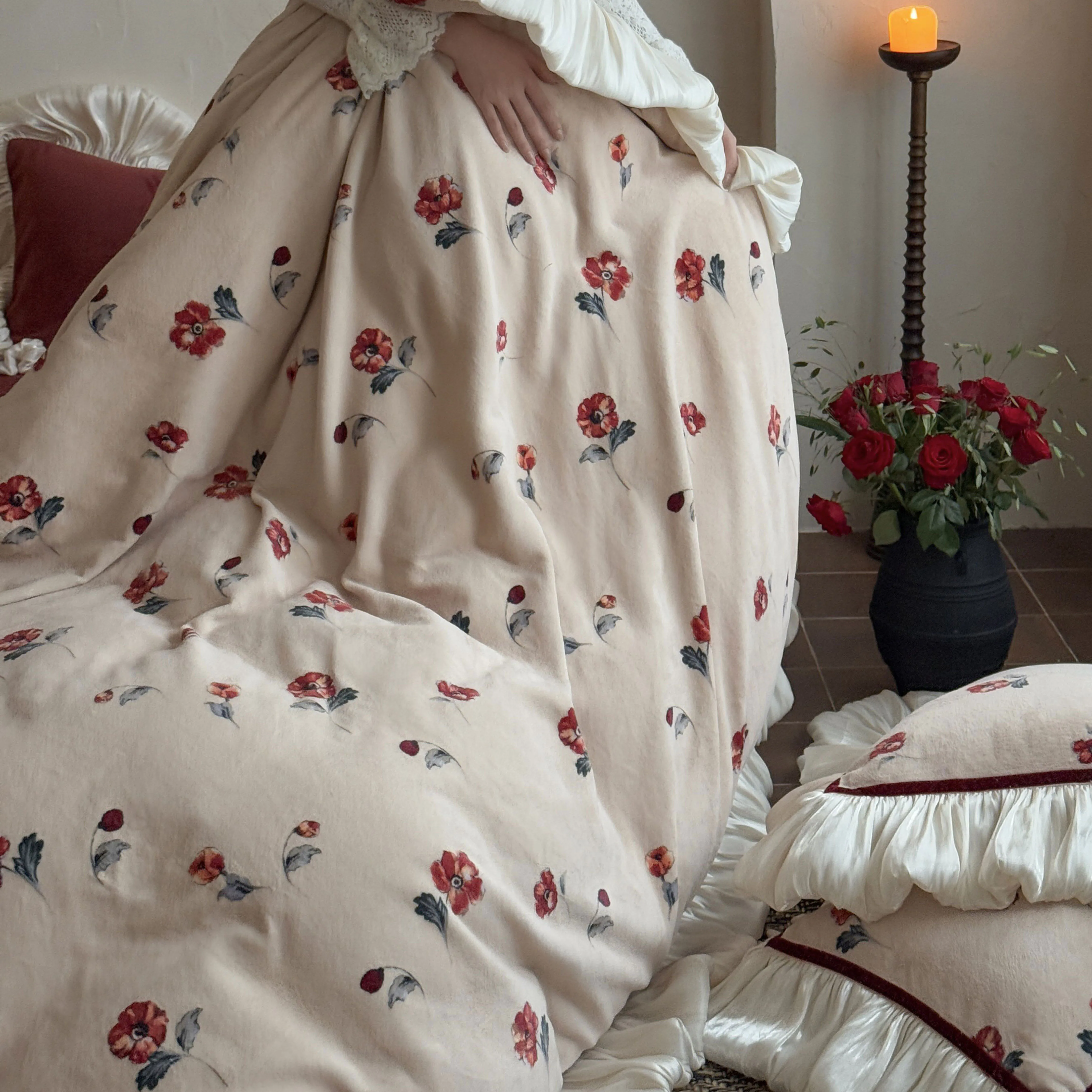 French Vintage Wine Red Small Floral Print Milk Velvet Fleece Bedding Set12 French Vintage Wine Red Small Floral Print Milk Velvet Fleece Bedding Set12