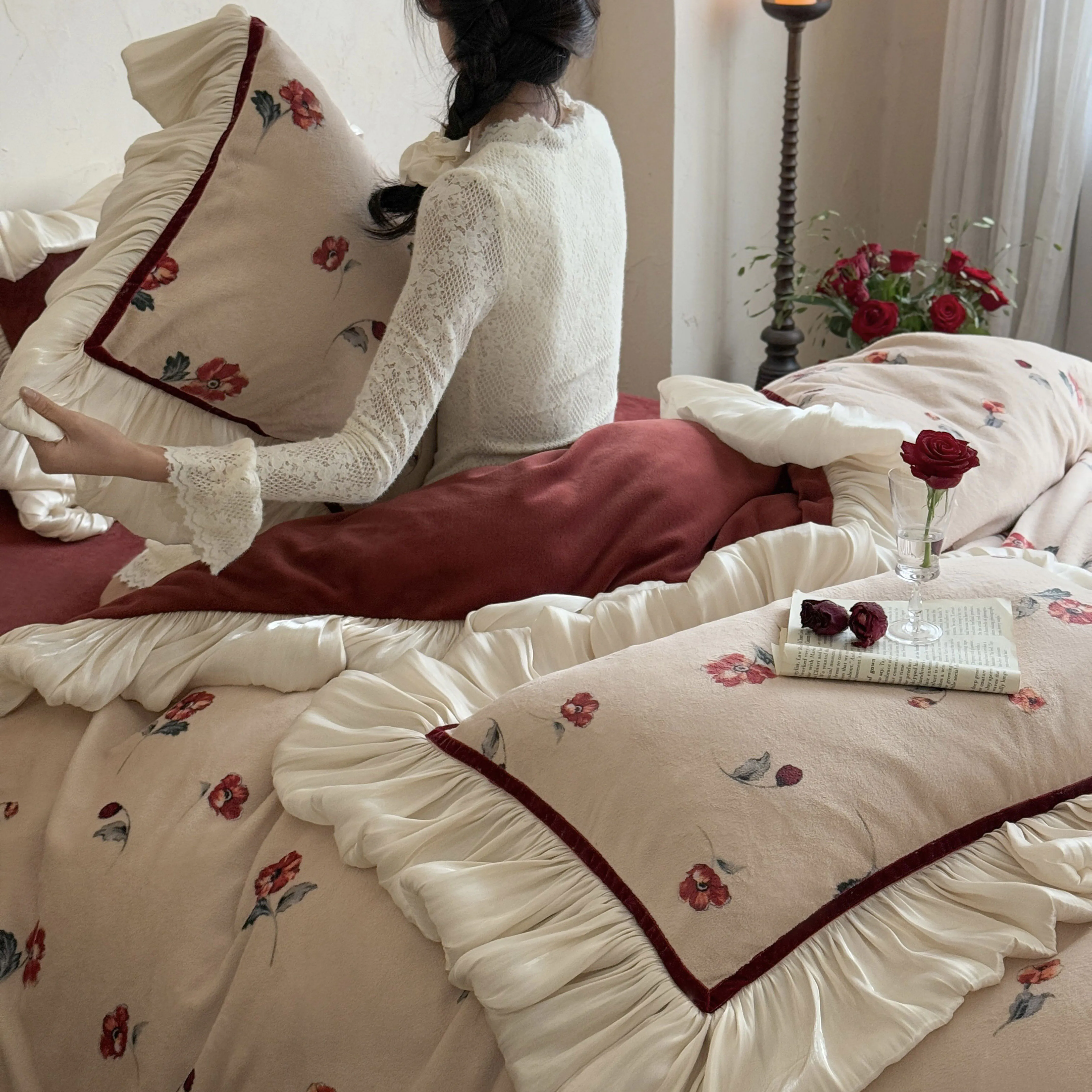 French Vintage Wine Red Small Floral Print Milk Velvet Fleece Bedding Set14 French Vintage Wine Red Small Floral Print Milk Velvet Fleece Bedding Set14