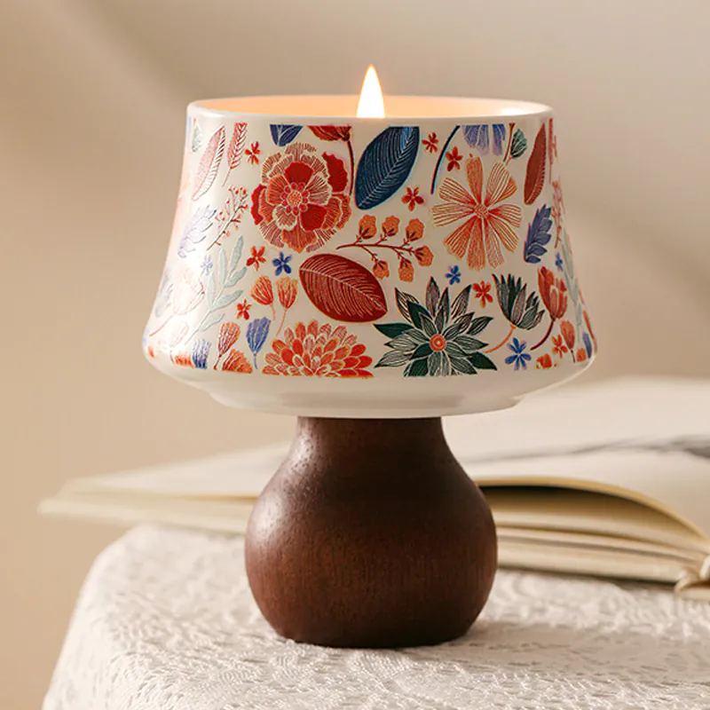 Natural Soy Wax Floral Ceramic Wooden Stand Fragrance Scented Candle03 Natural Soy Wax Floral Ceramic Wooden Stand Fragrance Scented Candle03
