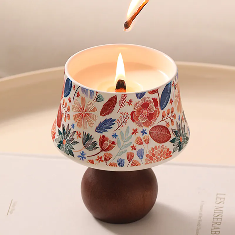 Natural Soy Wax Floral Ceramic Wooden Stand Fragrance Scented Candle04 Natural Soy Wax Floral Ceramic Wooden Stand Fragrance Scented Candle04