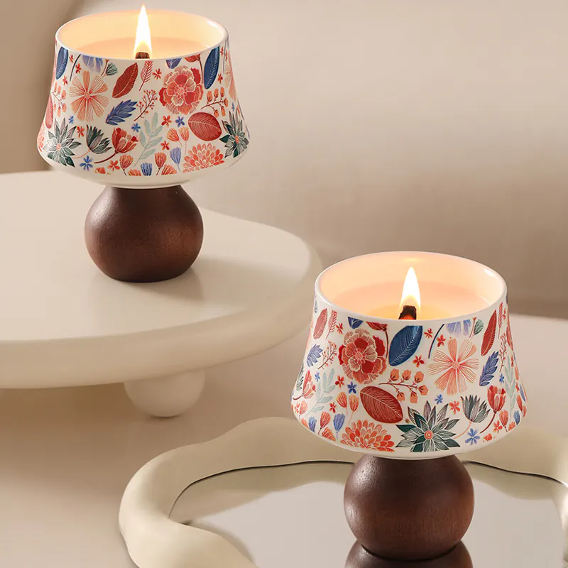 Natural Soy Wax Floral Ceramic Wooden Stand Fragrance Scented Candle08 Natural Soy Wax Floral Ceramic Wooden Stand Fragrance Scented Candle08
