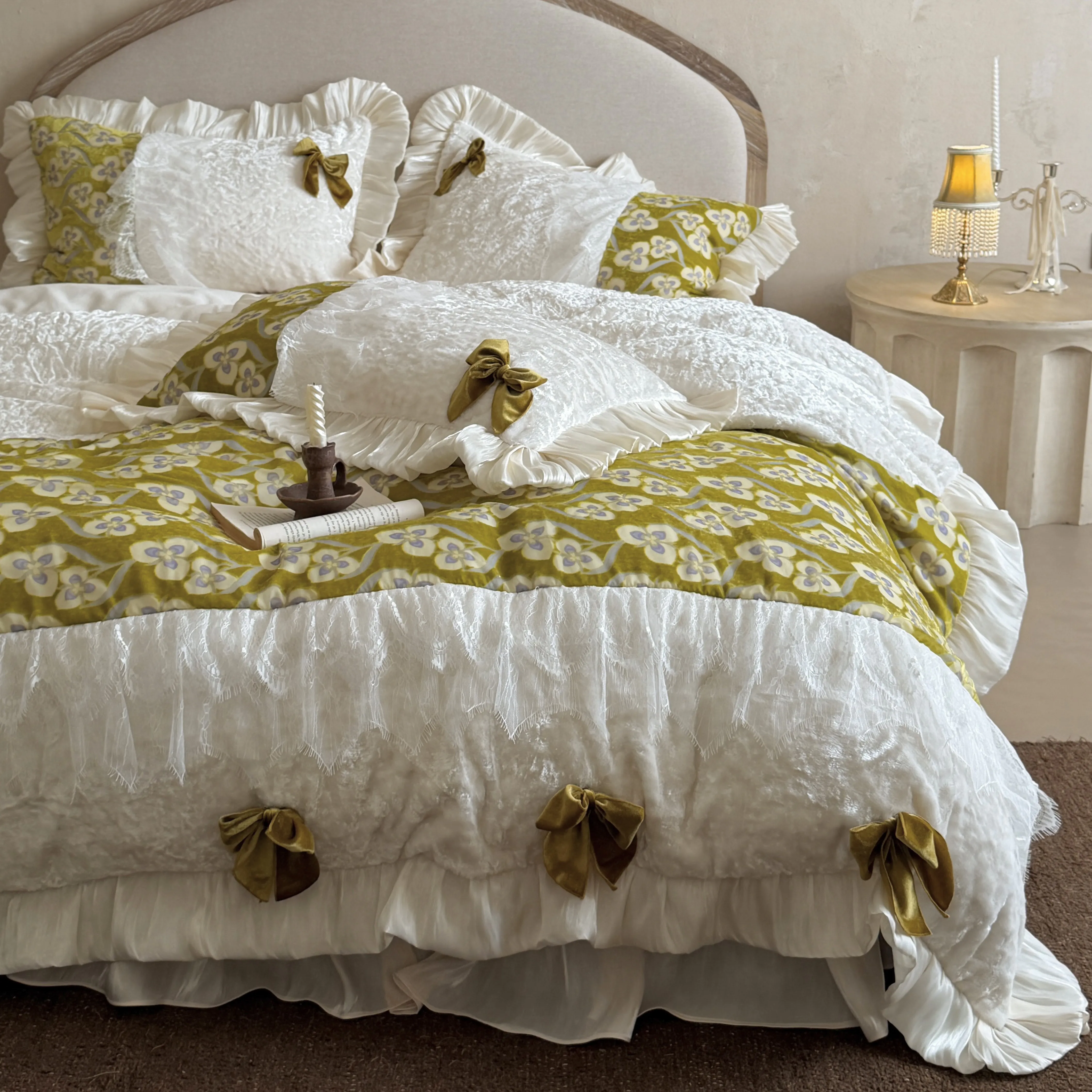 Olive Green Floral 380g Crushed Velvet Milk Fleece Bedding Set with Bowknot02