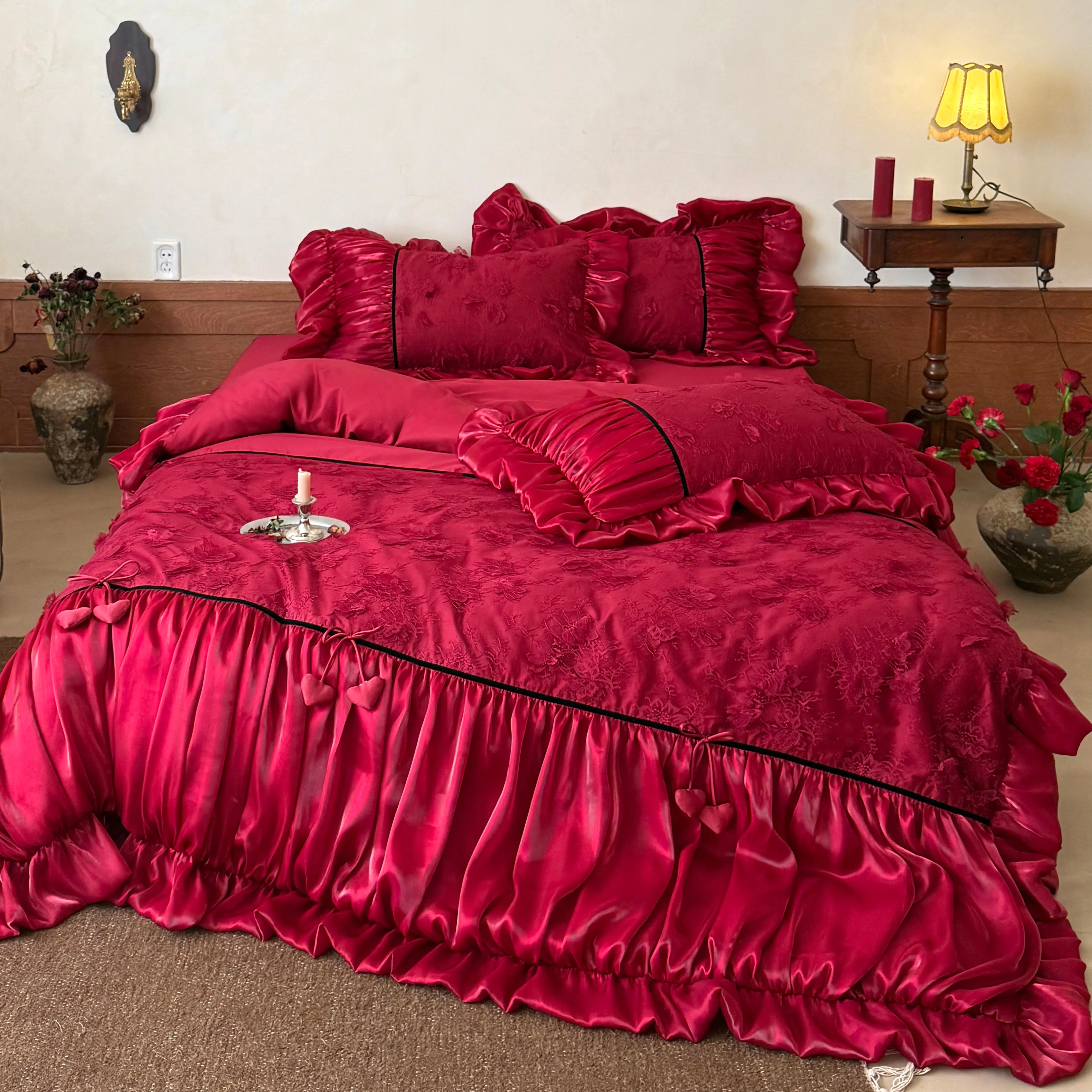 Retro Princess Style Wine Red Embossed Floral Long Staple Cotton Bed Sheet Set01