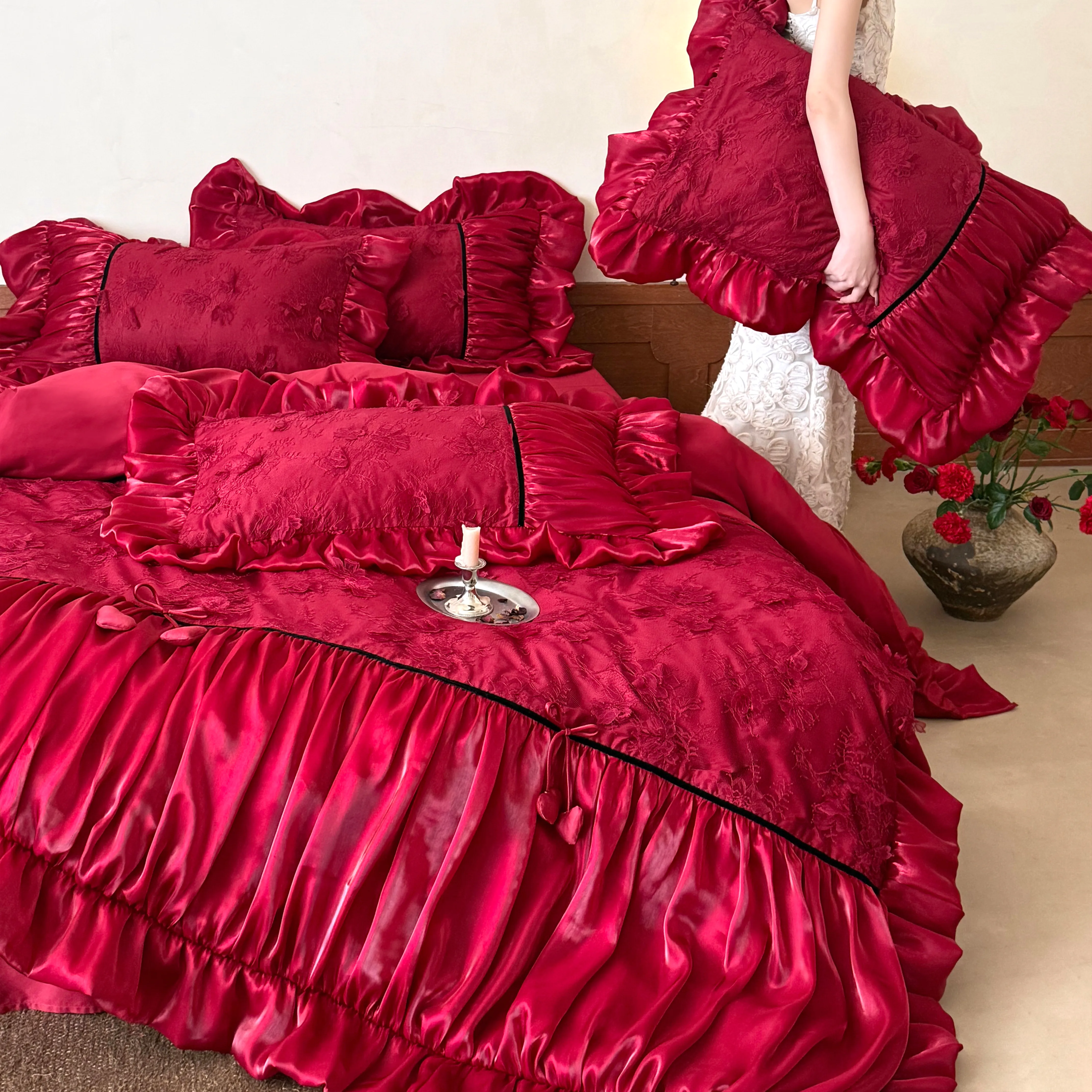 Retro Princess Style Wine Red Embossed Floral Long Staple Cotton Bed Sheet Set02