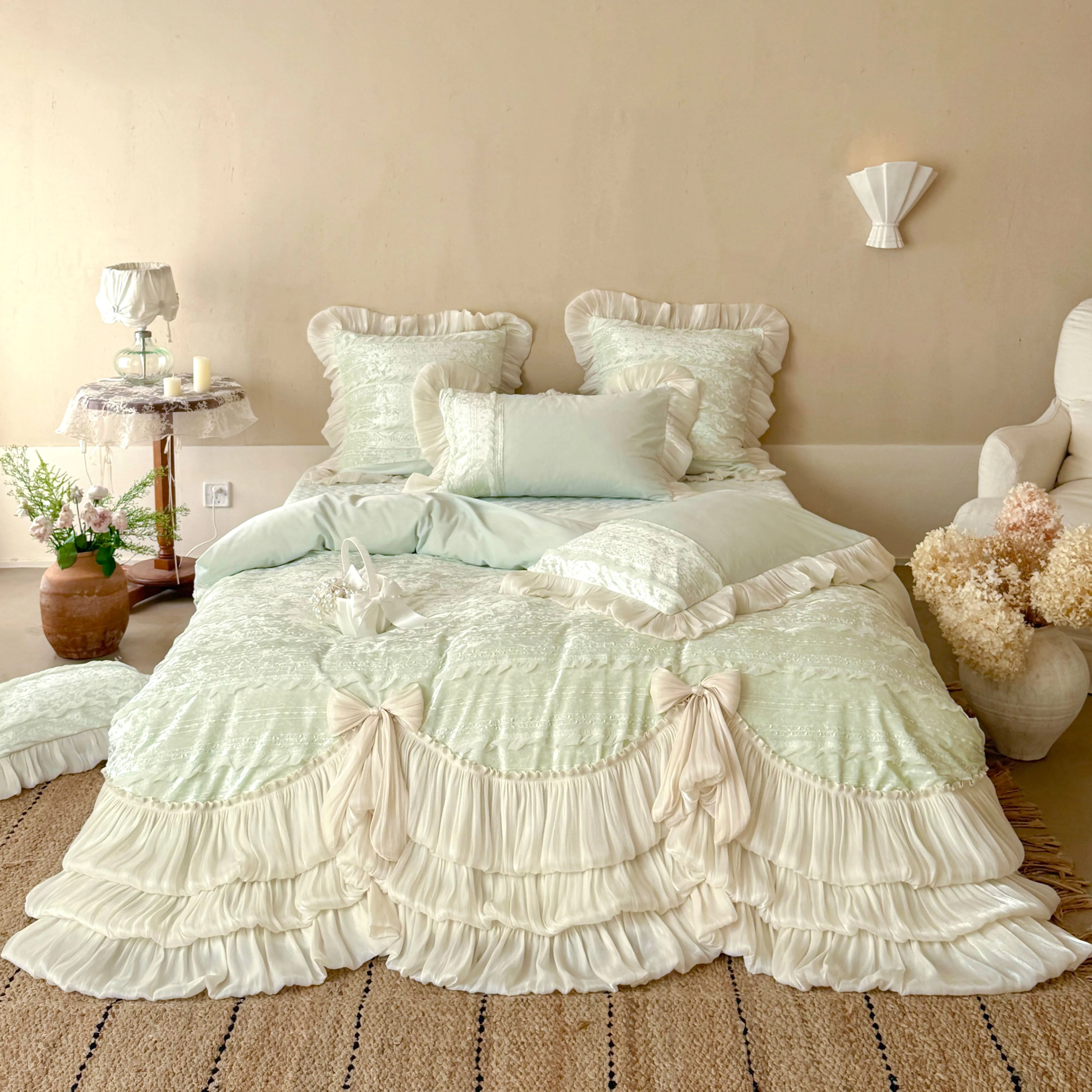 Romantic Layered Ruffle 260g Matte Baby Velvet 4 Piece Bedding Set with Bows01