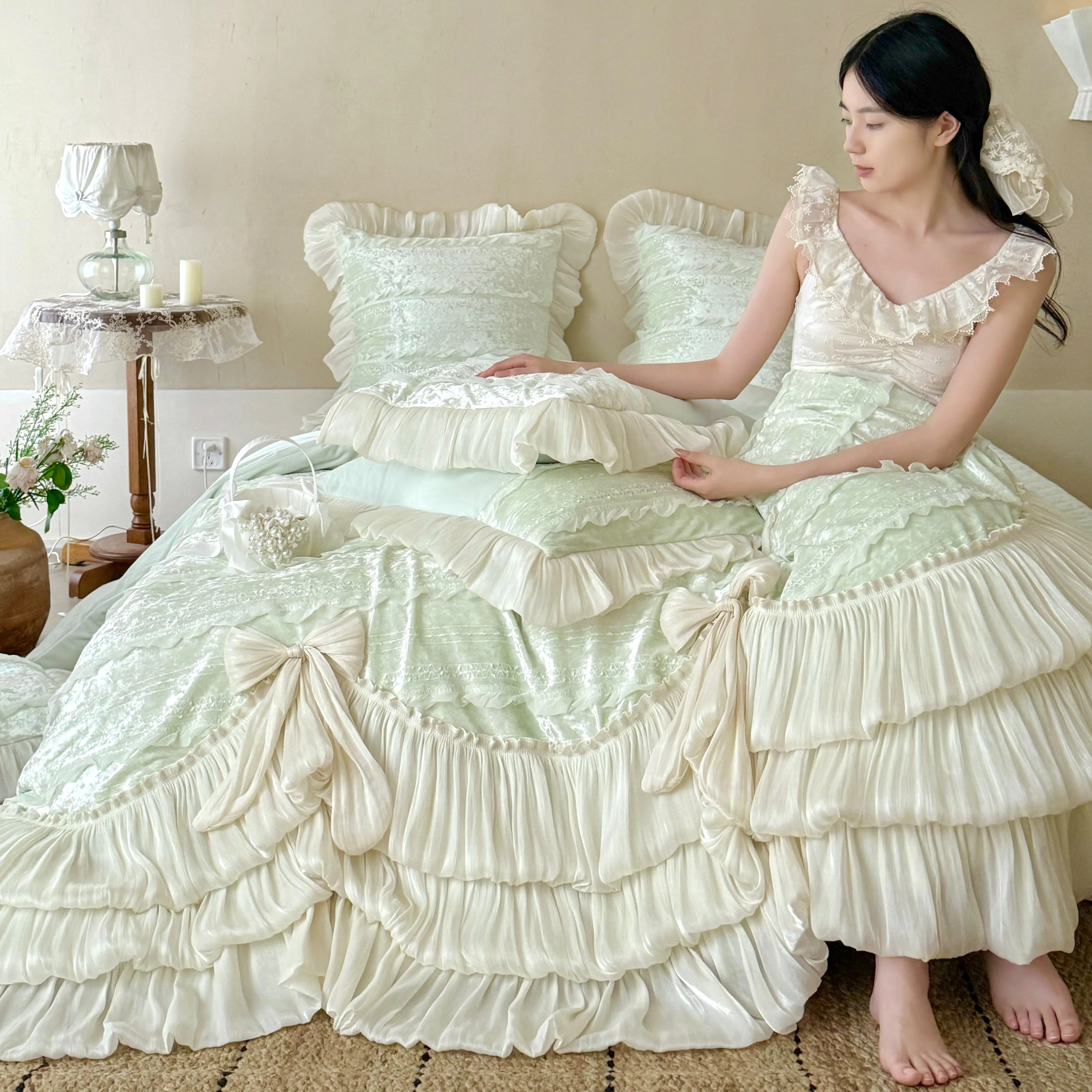 Romantic Layered Ruffle 260g Matte Baby Velvet 4-Piece Bedding Set with Bows03 Romantic Layered Ruffle 260g Matte Baby Velvet 4 Piece Bedding Set with Bows03