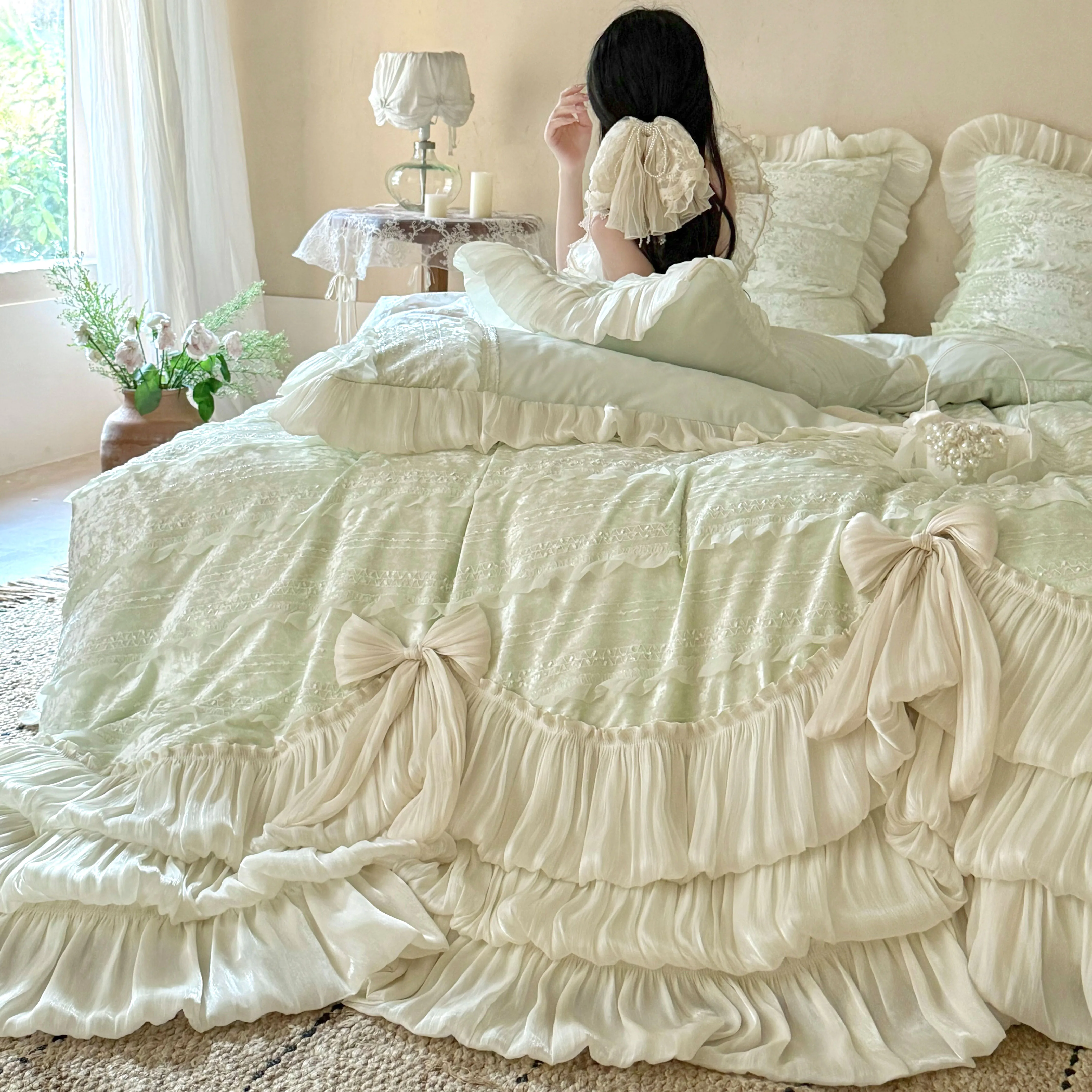 Romantic Layered Ruffle 260g Matte Baby Velvet 4-Piece Bedding Set with Bows07 Romantic Layered Ruffle 260g Matte Baby Velvet 4 Piece Bedding Set with Bows07