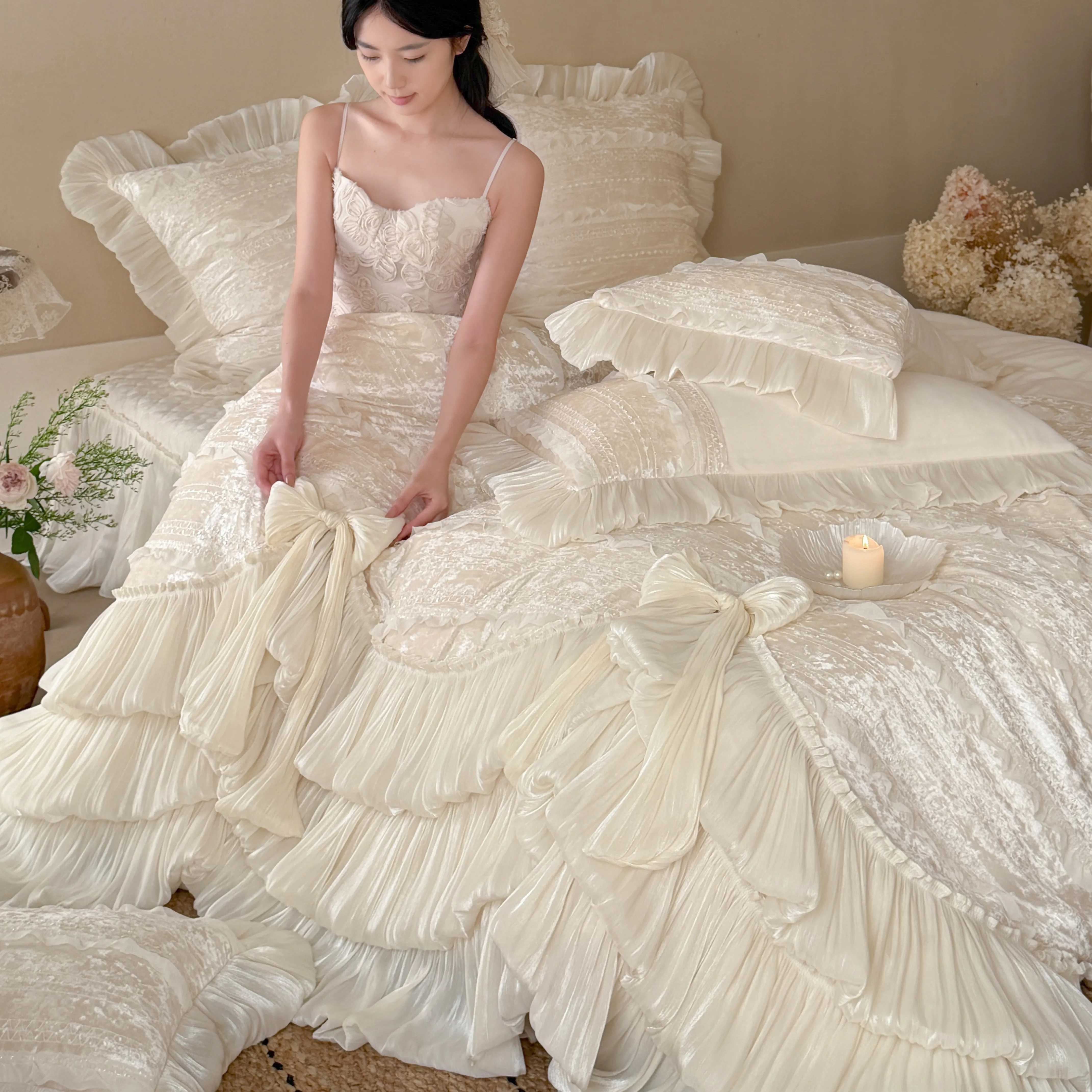 Romantic Layered Ruffle 260g Matte Baby Velvet 4-Piece Bedding Set with Bows11 Romantic Layered Ruffle 260g Matte Baby Velvet 4 Piece Bedding Set with Bows11