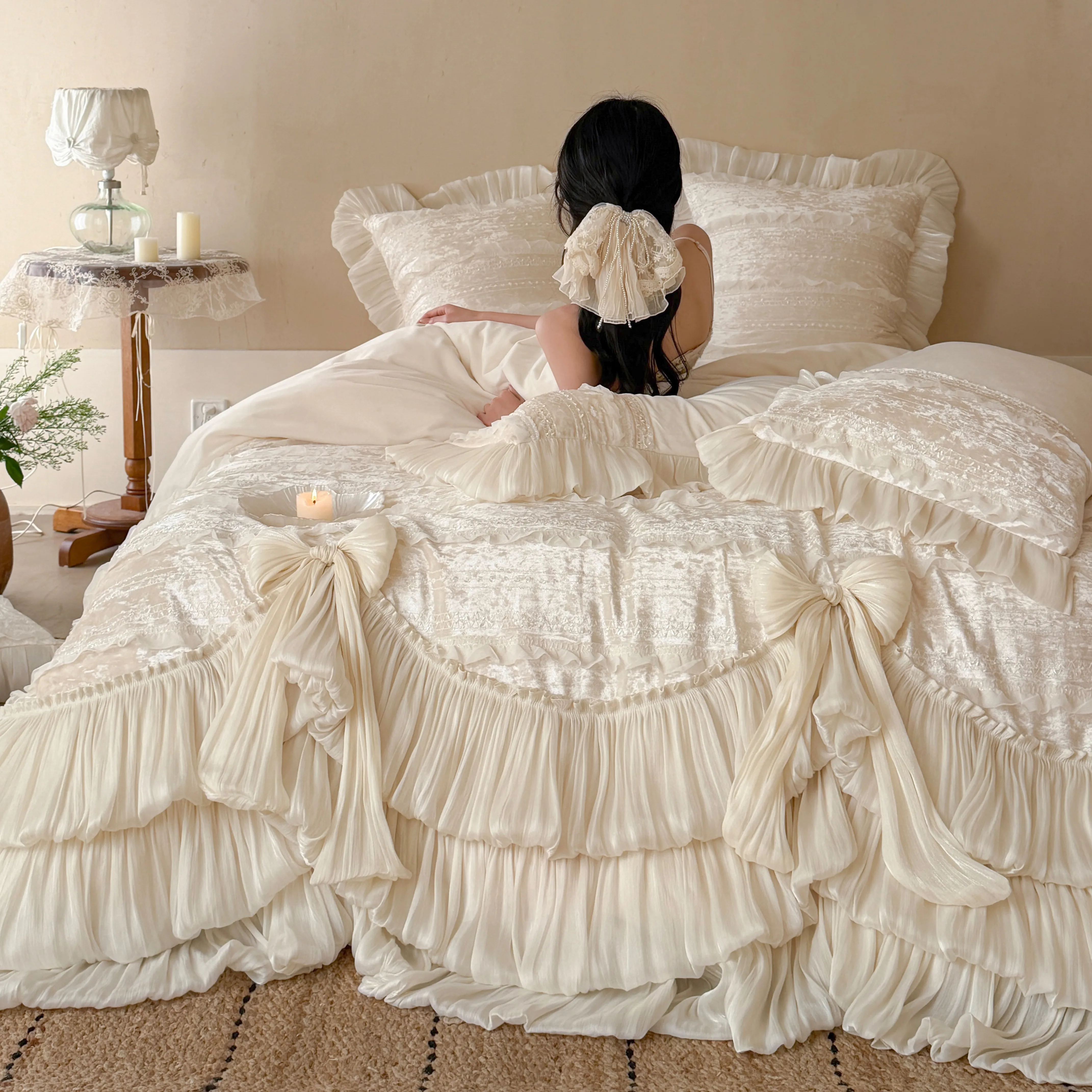 Romantic Layered Ruffle 260g Matte Baby Velvet 4-Piece Bedding Set with Bows12 Romantic Layered Ruffle 260g Matte Baby Velvet 4 Piece Bedding Set with Bows12