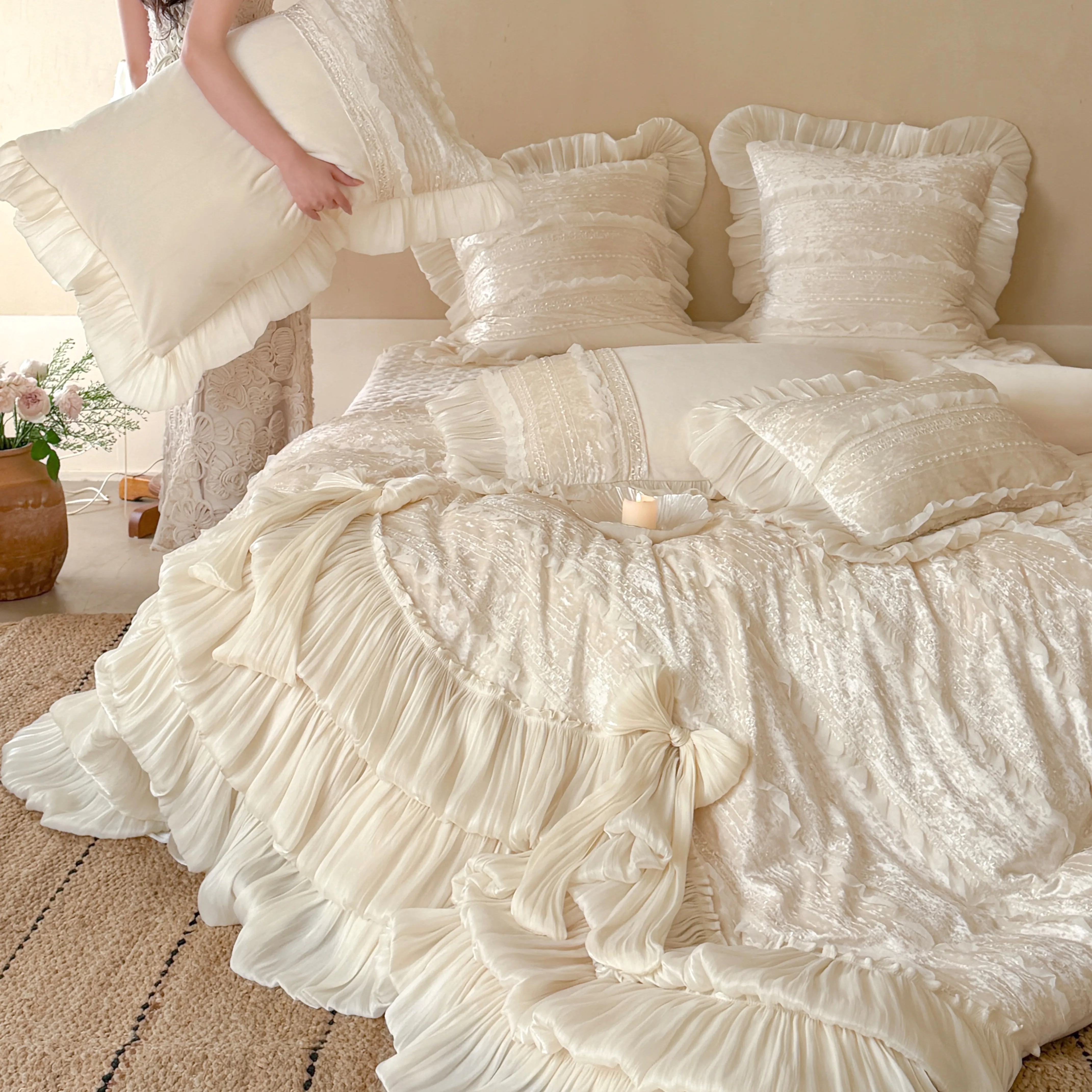 Romantic Layered Ruffle 260g Matte Baby Velvet 4-Piece Bedding Set with Bows13 Romantic Layered Ruffle 260g Matte Baby Velvet 4 Piece Bedding Set with Bows13