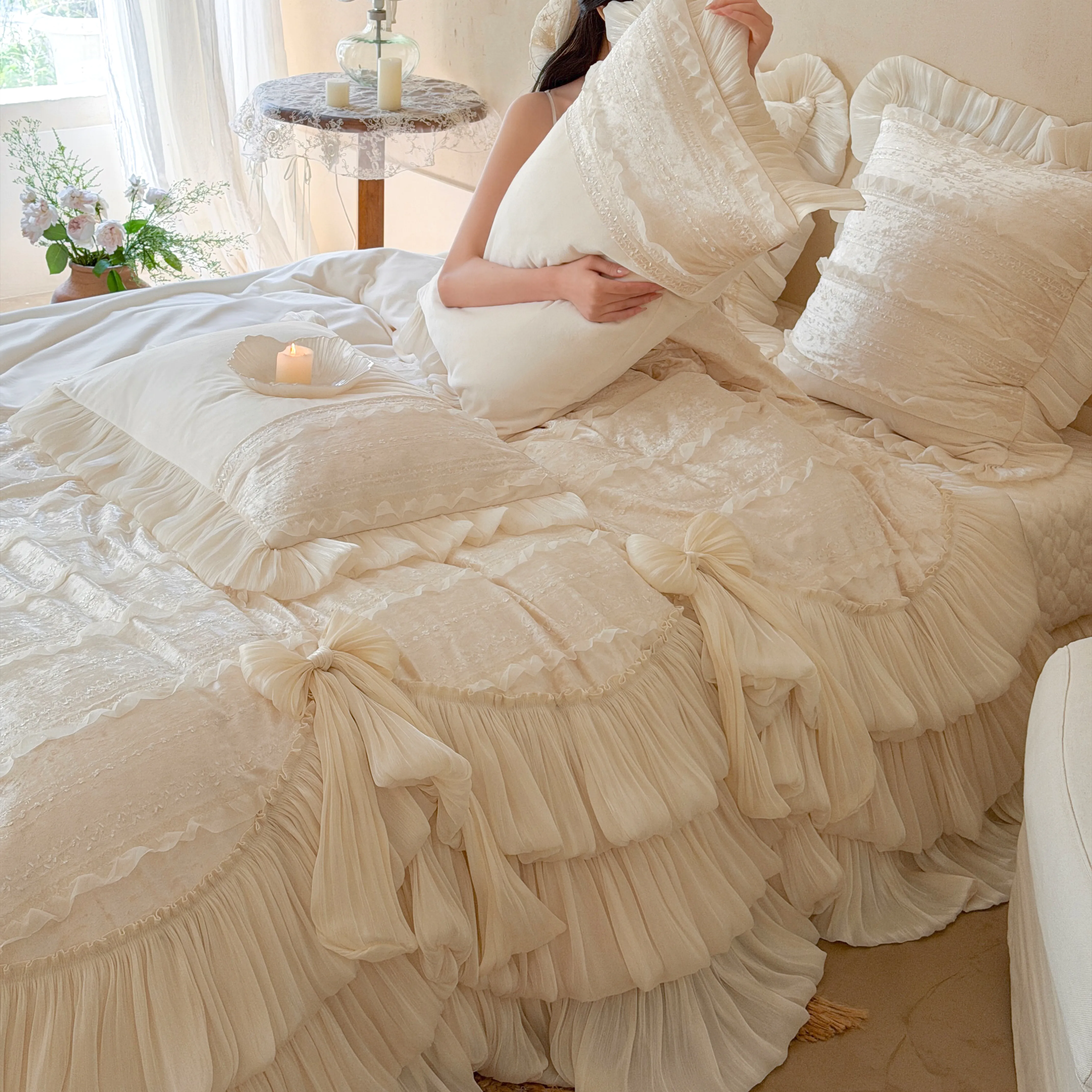 Romantic Layered Ruffle 260g Matte Baby Velvet 4-Piece Bedding Set with Bows14 Romantic Layered Ruffle 260g Matte Baby Velvet 4 Piece Bedding Set with Bows14