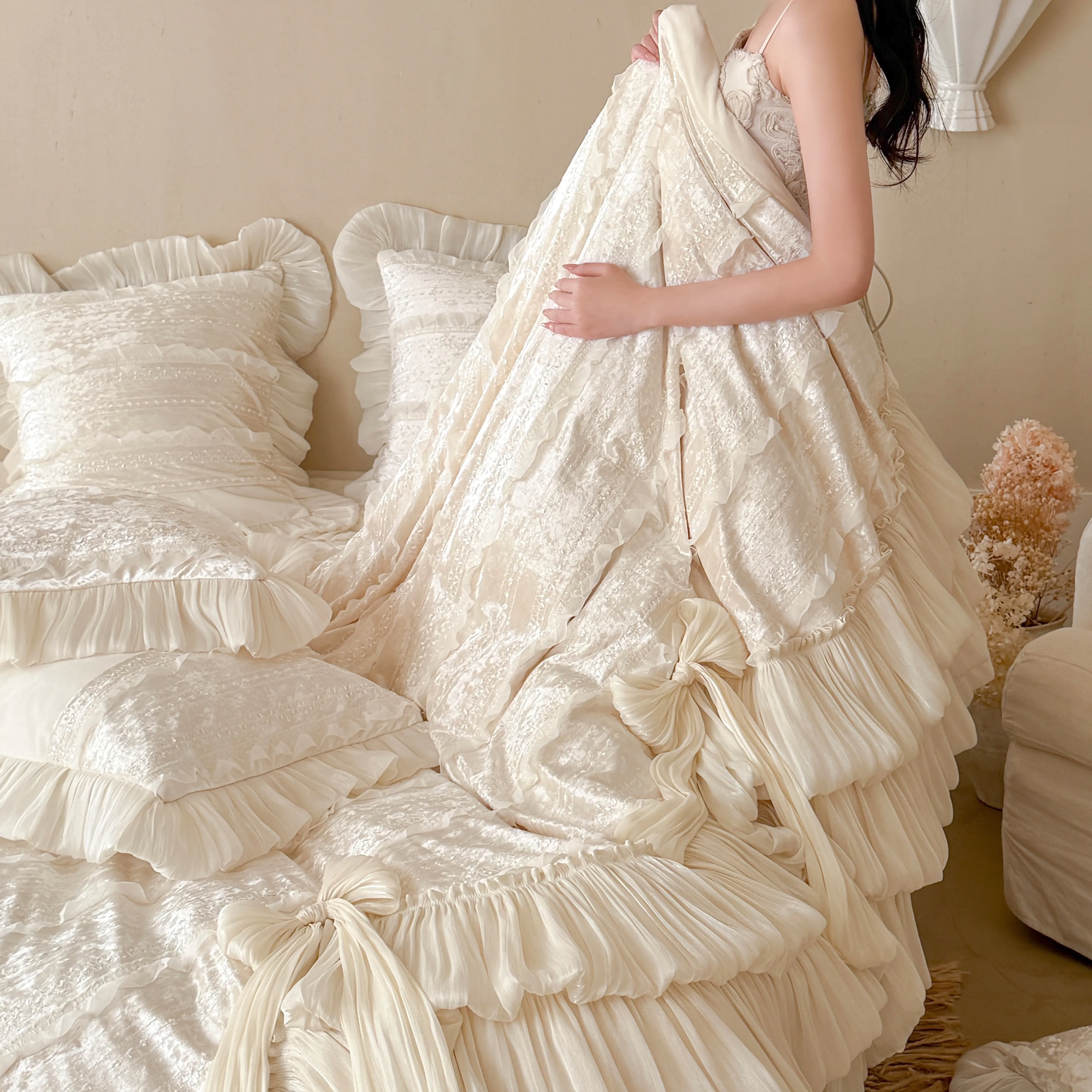 Romantic Layered Ruffle 260g Matte Baby Velvet 4-Piece Bedding Set with Bows15 Romantic Layered Ruffle 260g Matte Baby Velvet 4 Piece Bedding Set with Bows15