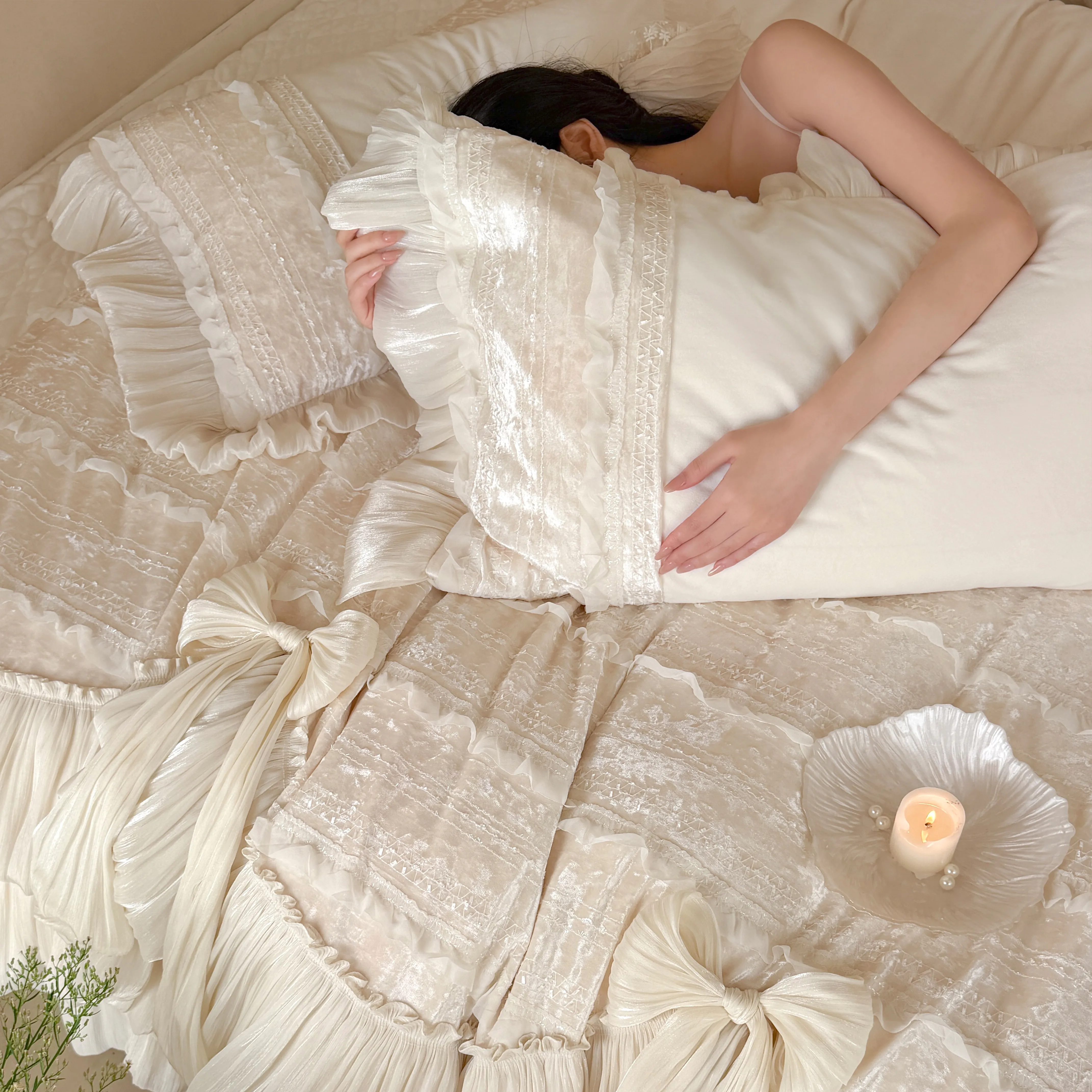 Romantic Layered Ruffle 260g Matte Baby Velvet 4-Piece Bedding Set with Bows17 Romantic Layered Ruffle 260g Matte Baby Velvet 4 Piece Bedding Set with Bows17