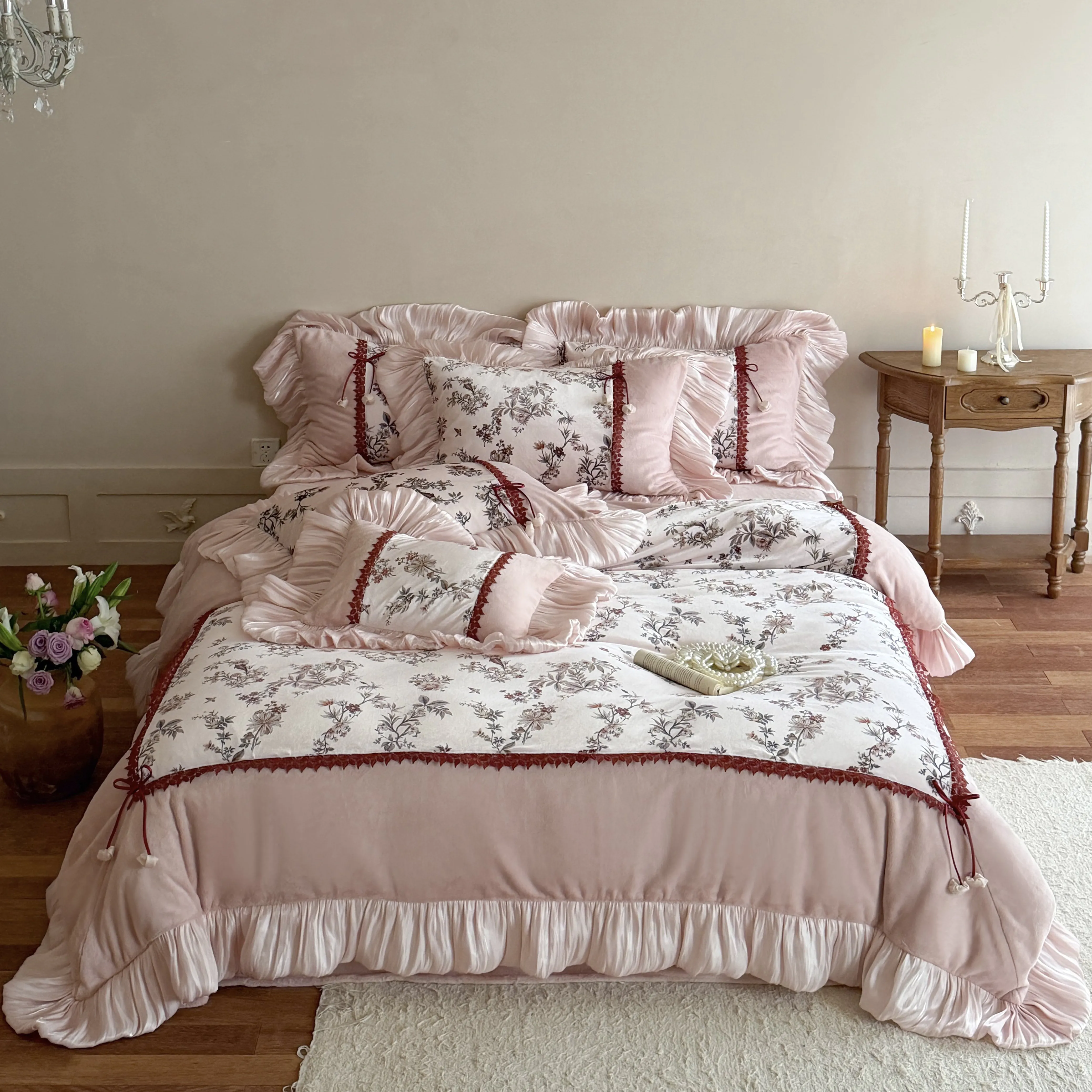 Shabby Chic Digital Botanical Floral Print Matte Milk Velvet Ruffle Bedding Set01