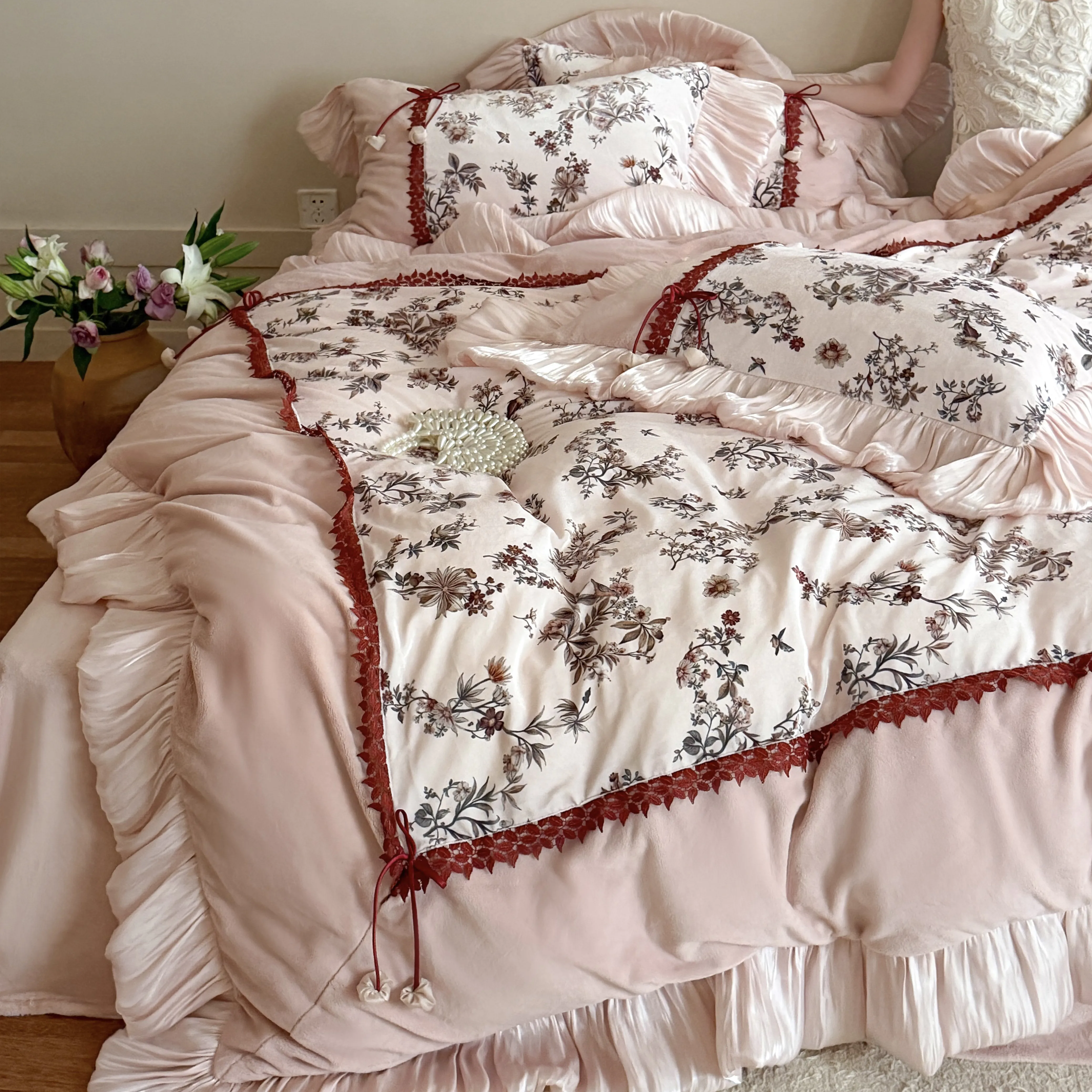 Shabby Chic Digital Botanical Floral Print Matte Milk Velvet Ruffle Bedding Set03 Shabby Chic Digital Botanical Floral Print Matte Milk Velvet Ruffle Bedding Set03