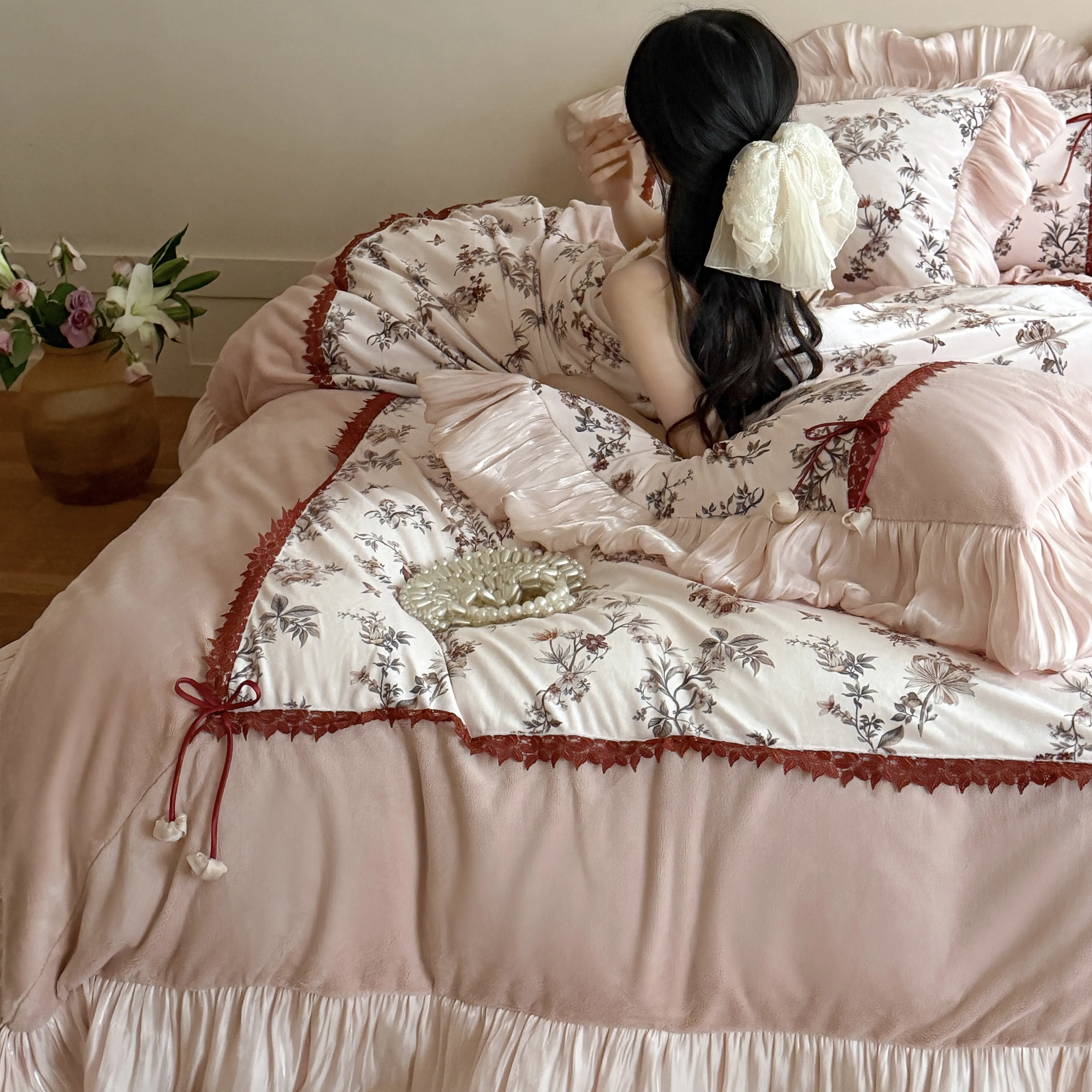 Shabby Chic Digital Botanical Floral Print Matte Milk Velvet Ruffle Bedding Set05 Shabby Chic Digital Botanical Floral Print Matte Milk Velvet Ruffle Bedding Set05