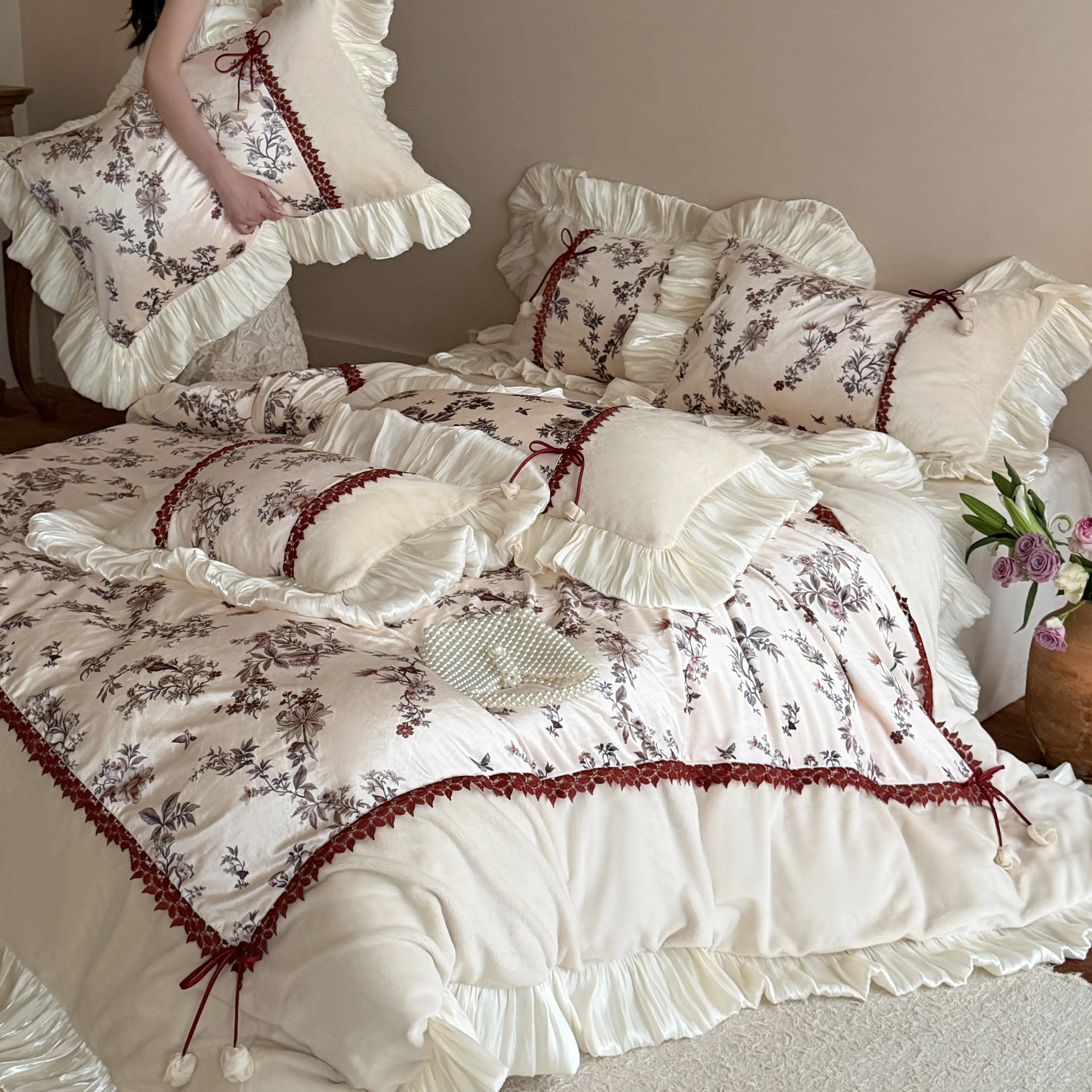 Shabby Chic Digital Botanical Floral Print Matte Milk Velvet Ruffle Bedding Set10 Shabby Chic Digital Botanical Floral Print Matte Milk Velvet Ruffle Bedding Set10