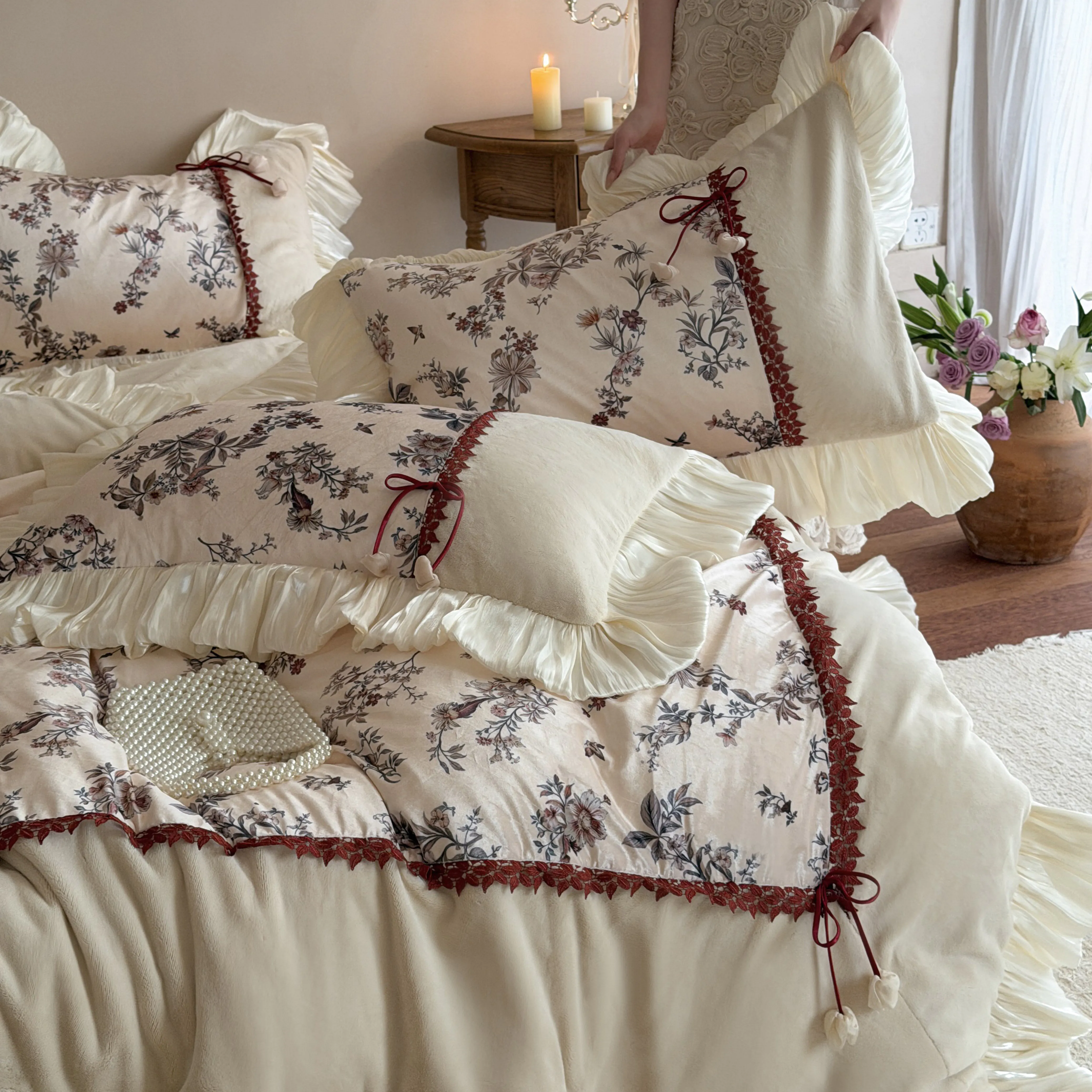 Shabby Chic Digital Botanical Floral Print Matte Milk Velvet Ruffle Bedding Set11 Shabby Chic Digital Botanical Floral Print Matte Milk Velvet Ruffle Bedding Set11
