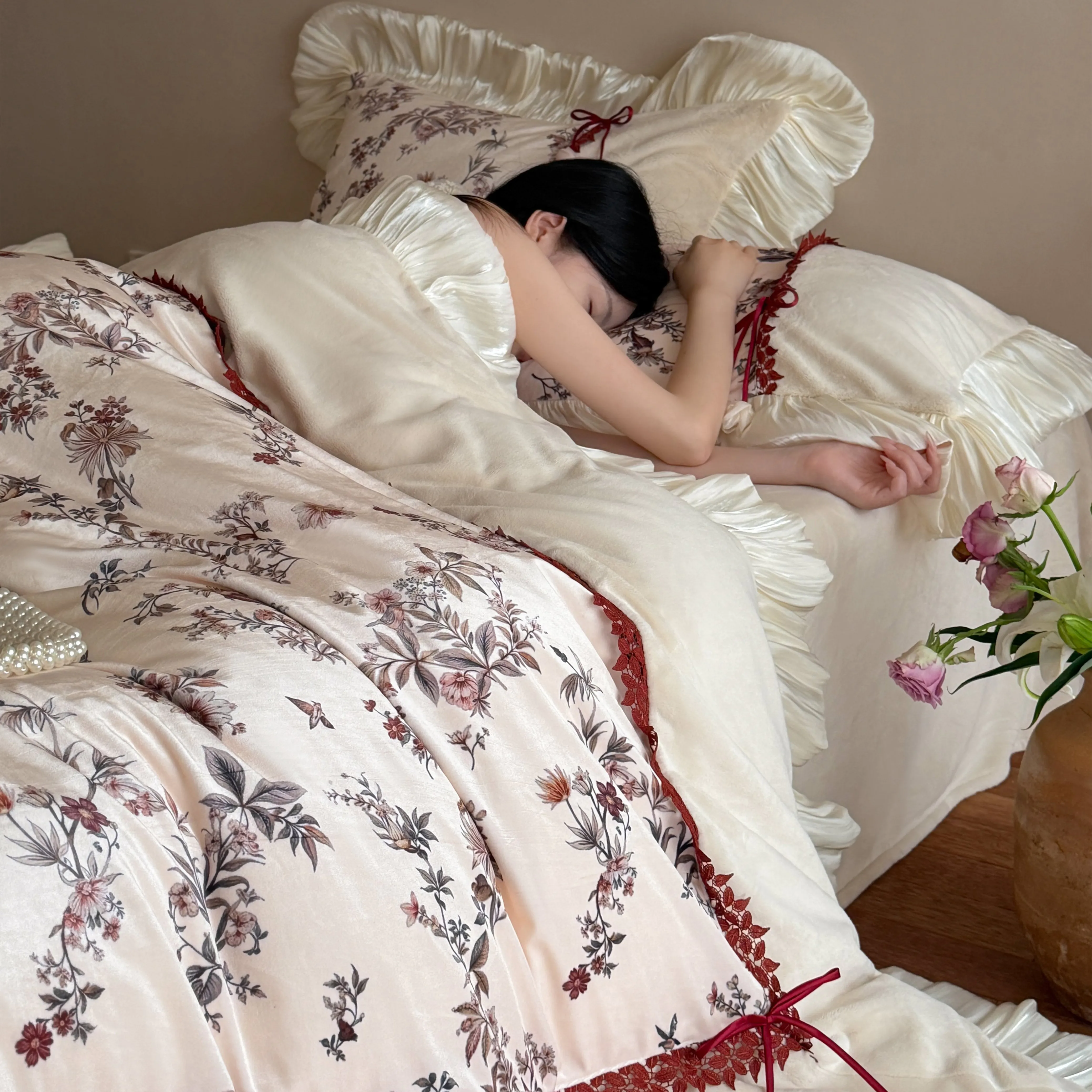 Shabby Chic Digital Botanical Floral Print Matte Milk Velvet Ruffle Bedding Set12 Shabby Chic Digital Botanical Floral Print Matte Milk Velvet Ruffle Bedding Set12