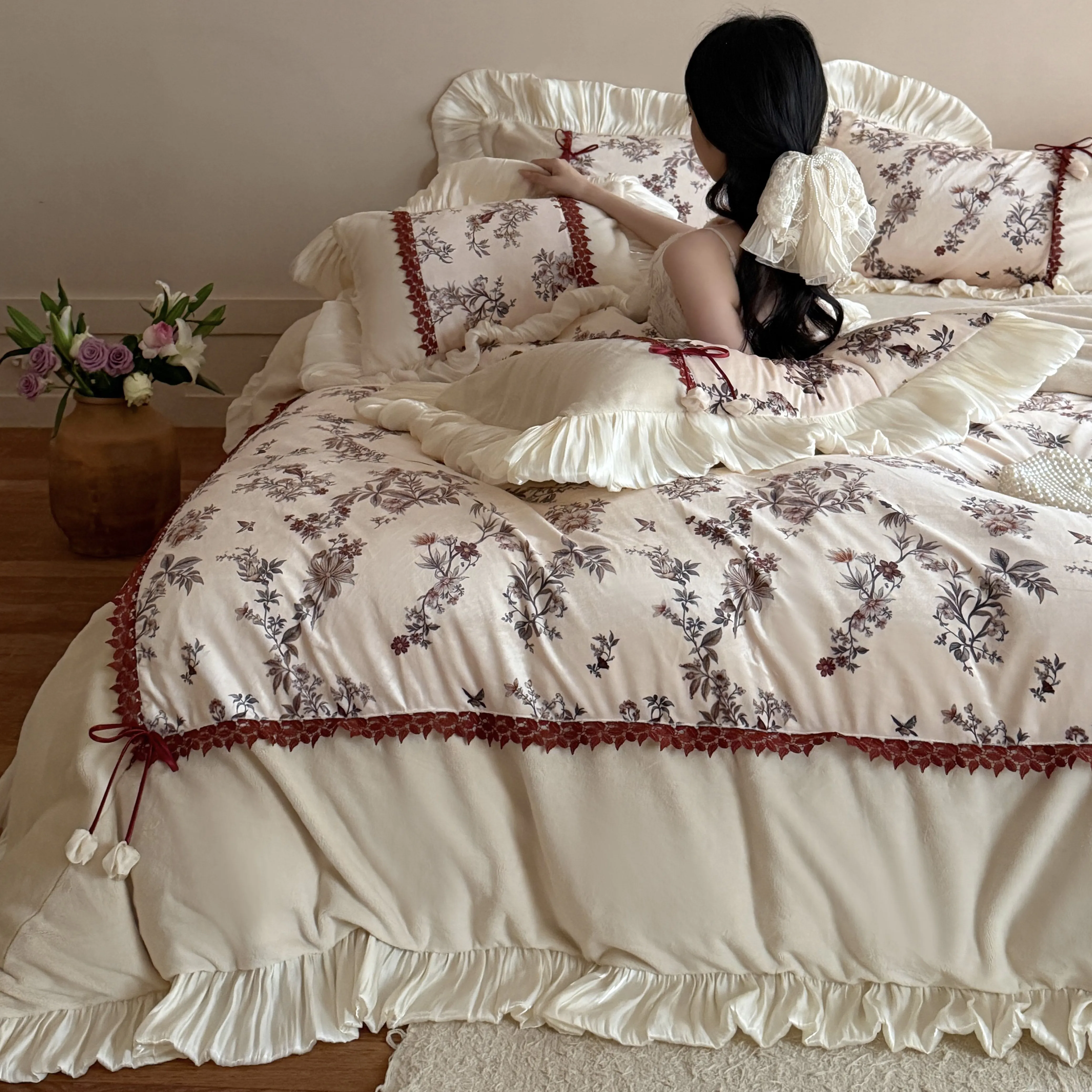 Shabby Chic Digital Botanical Floral Print Matte Milk Velvet Ruffle Bedding Set13 Shabby Chic Digital Botanical Floral Print Matte Milk Velvet Ruffle Bedding Set13