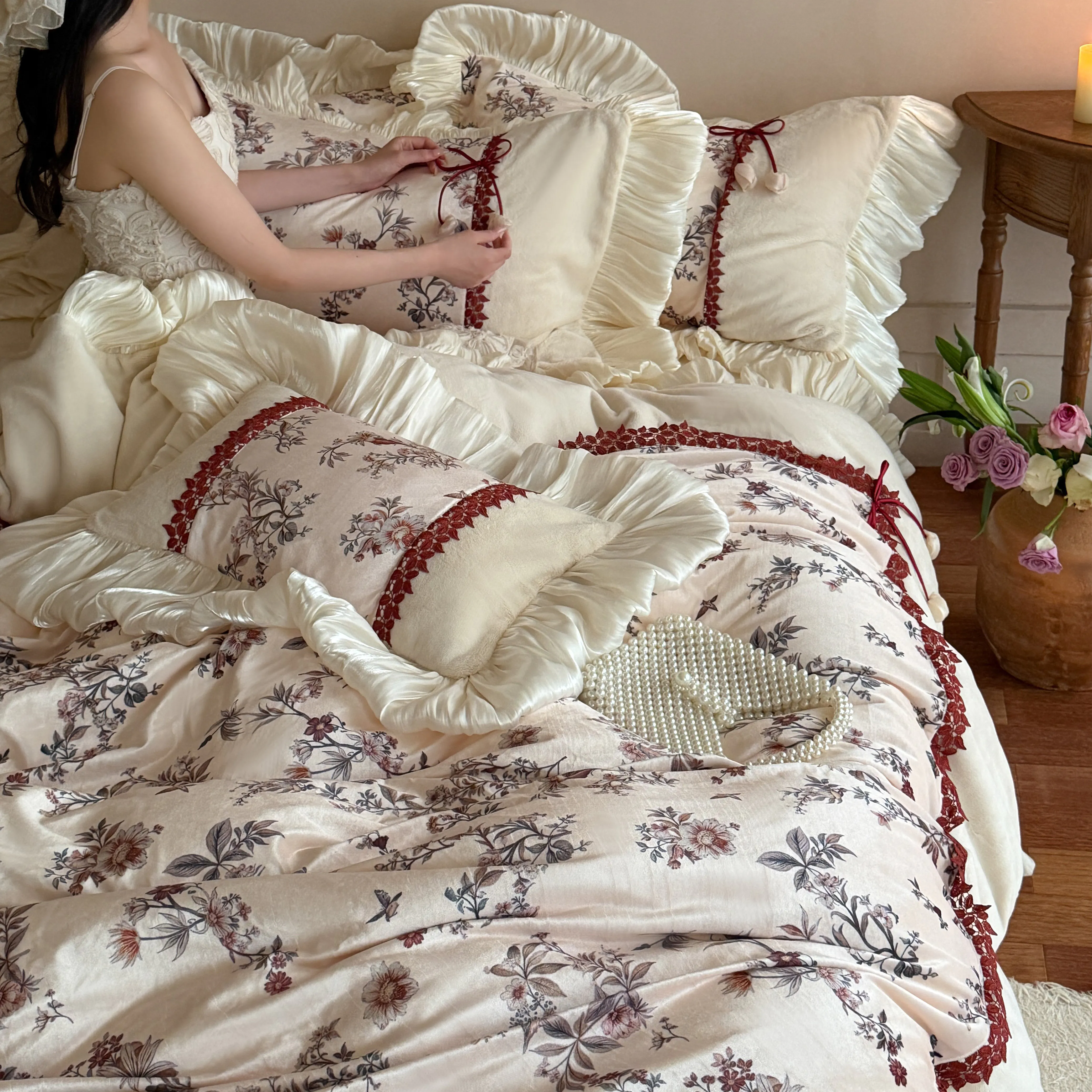 Shabby Chic Digital Botanical Floral Print Matte Milk Velvet Ruffle Bedding Set14 Shabby Chic Digital Botanical Floral Print Matte Milk Velvet Ruffle Bedding Set14