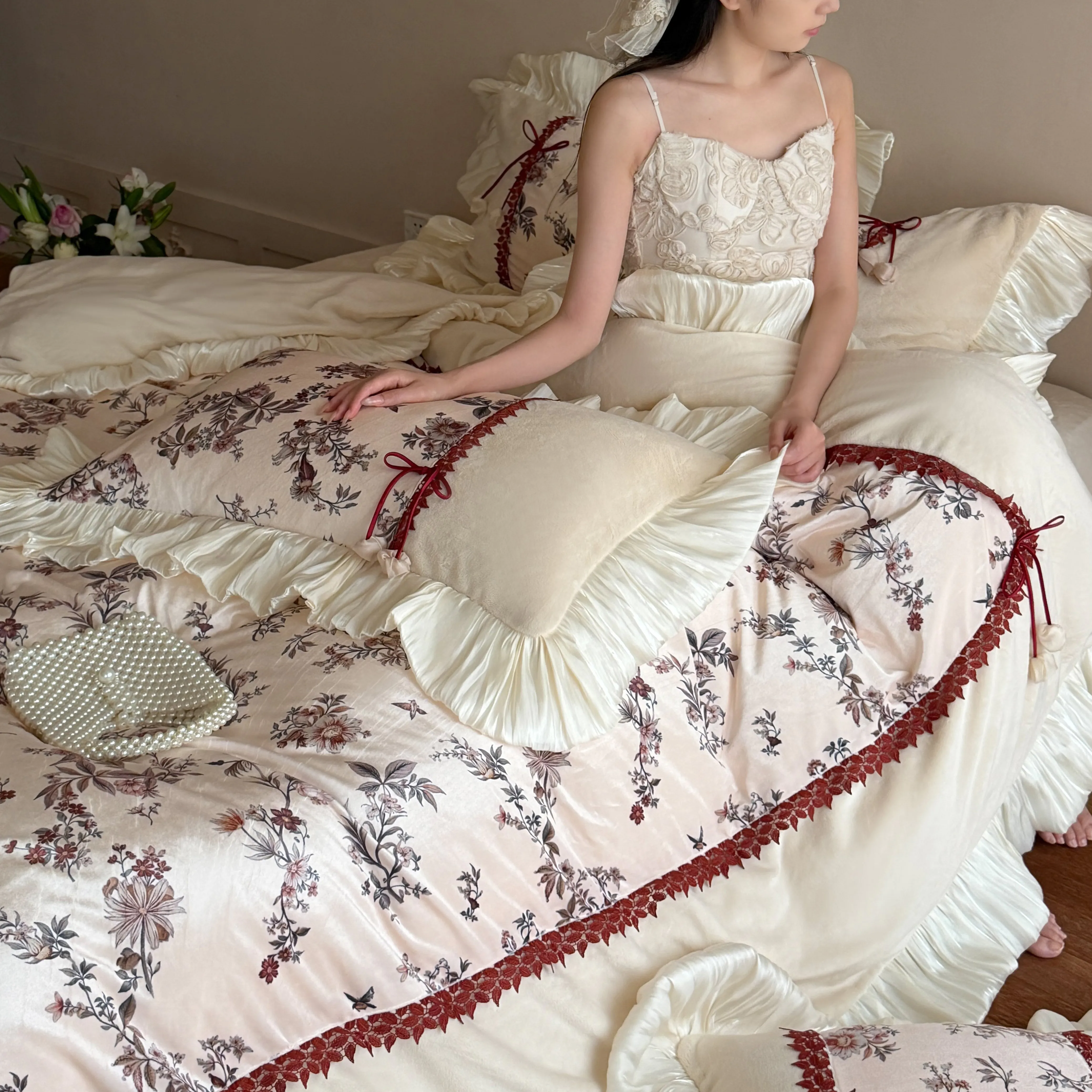 Shabby Chic Digital Botanical Floral Print Matte Milk Velvet Ruffle Bedding Set15 Shabby Chic Digital Botanical Floral Print Matte Milk Velvet Ruffle Bedding Set15