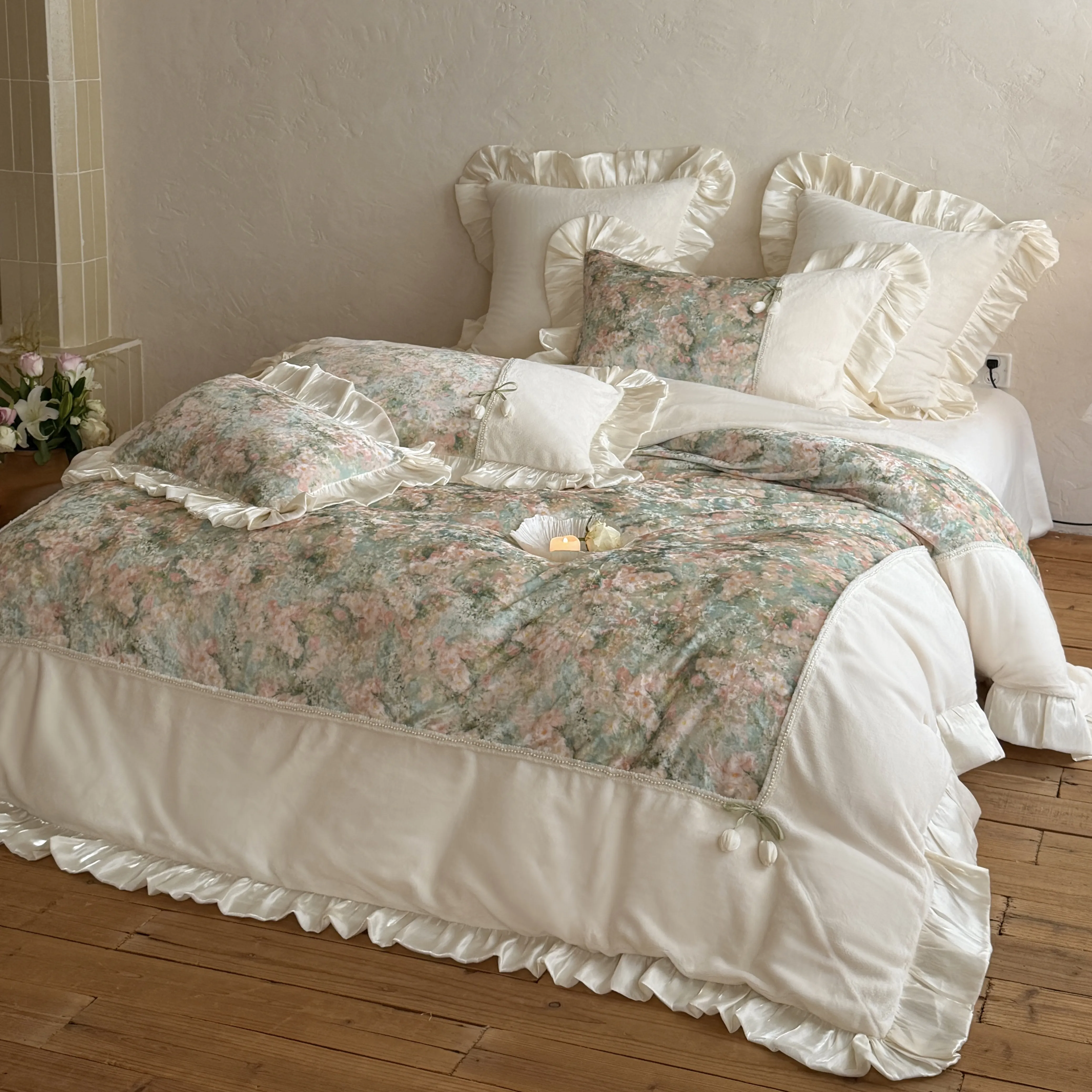 Vintage Watercolor Garden Floral Printed Velvet Ruffle Duvet Cover 4 Piece Set02