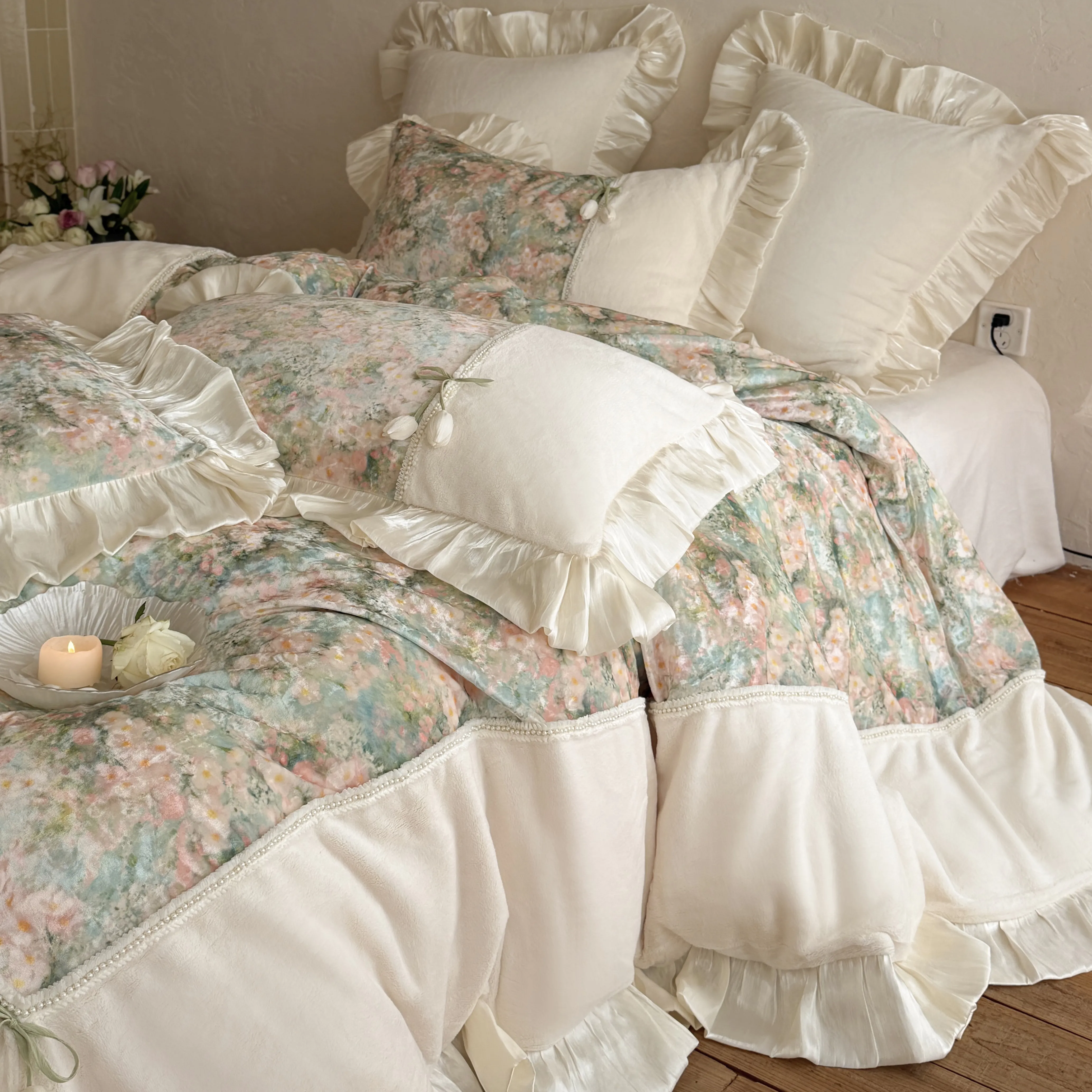 Vintage Watercolor Garden Floral Printed Velvet Ruffle Duvet Cover 4 Piece Set03